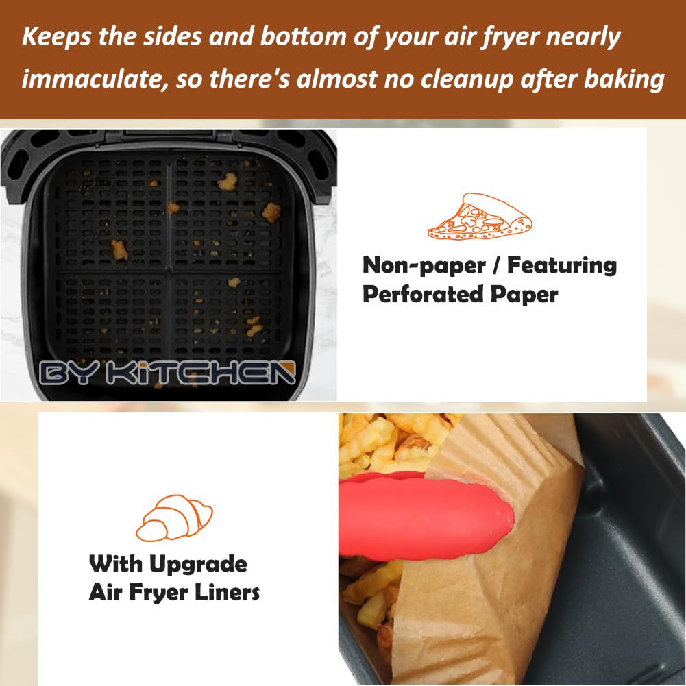 BYKITCHEN 100pcs 7.9 Inch Square Air Fryer Liners - Unbleached Parchment Paper Sheets for COSORI, Ninja, Tower & More | Disposable, Greaseproof, Non-Stick | Perfect for Roasting, Baking, Frying Healthy Meals