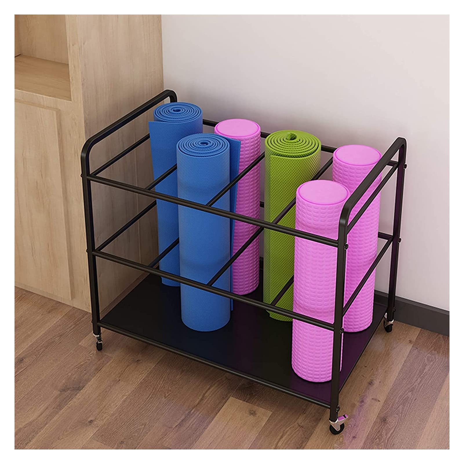 Premium Black Metal Yoga Mat Storage Cart with Lockable Wheels - Heavy Duty Foam Roller Organizer Rack for Gym & Yoga Studio - Perfect for Home Fitness Equipment Organization