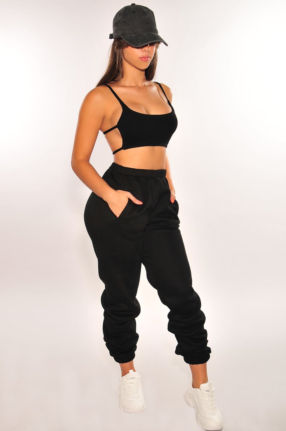 Black Ribbed Strappy Back Sweatpants Joggers Two-Piece Set - Women's Lounge Outfit for Home, Yoga & Casual Wear | HMS Collection