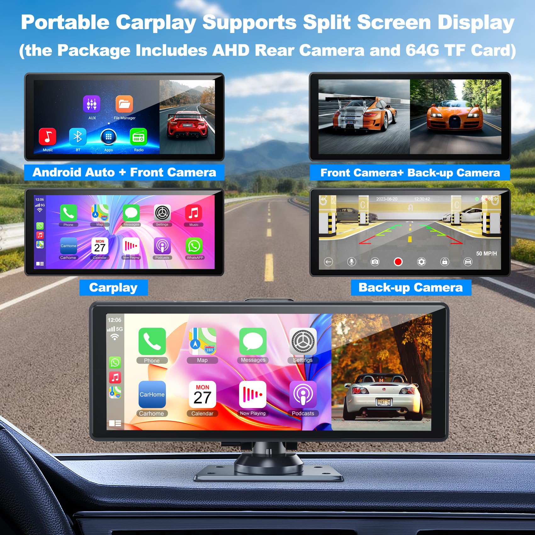 10.26 Inch Wireless CarPlay Screen for Car - Portable Car Stereo with 4K Dash Cam & Rear Camera Support, Android Auto/AirPlay/Bluetooth/Voice Control/GPS/AUX - IPS Touchscreen with 64GB TF Card - Perfect for Road Trips & Daily Commuting