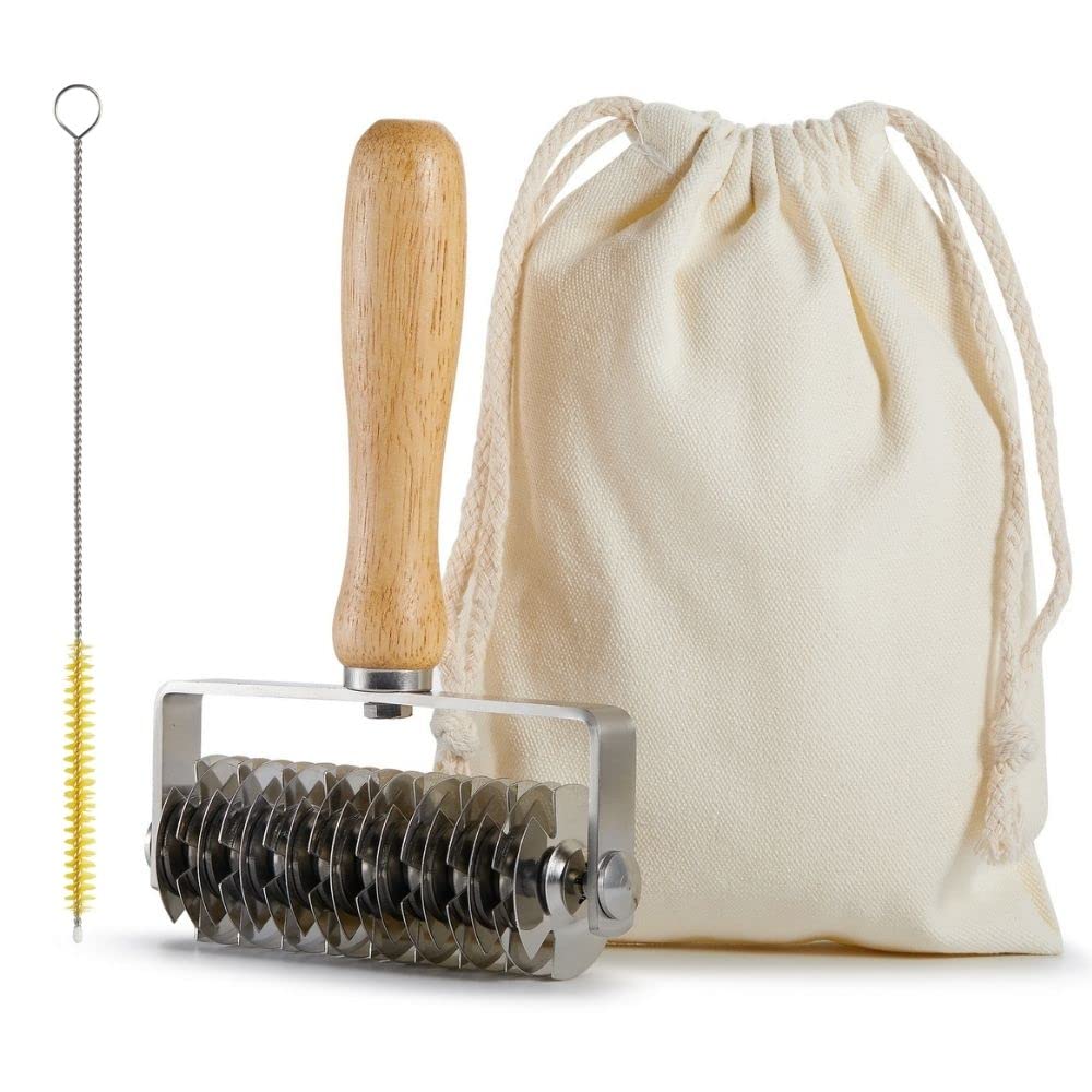 Stainless Steel Pastry Lattice Roller Cutter with Wood Handle - Professional Dough Cutter for Beef Wellington, Pie Crust, Pizza Bread, Cookies | Perfect for Baking, Pastry Making & Food Decoration