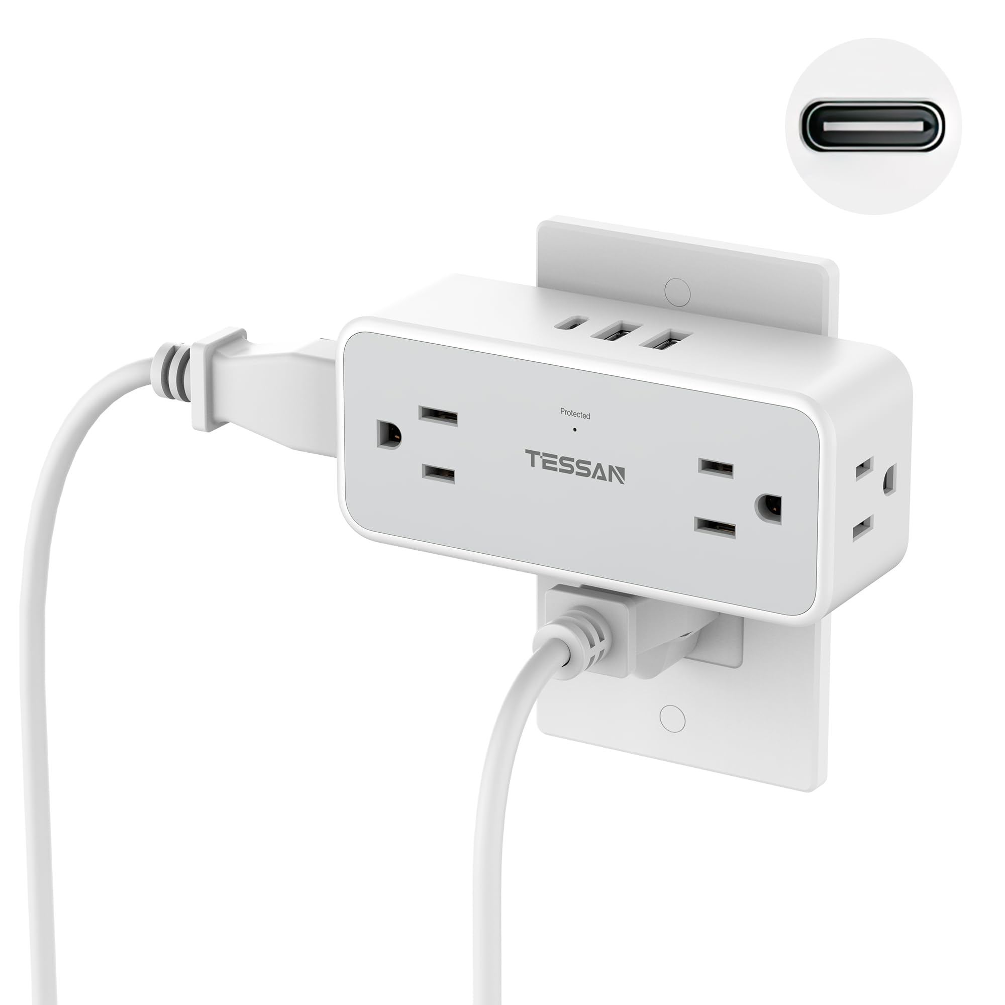 TESSAN 4 Outlet Extender with 3 USB Ports (1 USB-C) & 900J Surge Protection - Multi Plug Power Strip, Wide Spaced Wall Charger for Home, Office, Dorm - Perfect for Charging Phones, Laptops, Tablets & Smart Devices