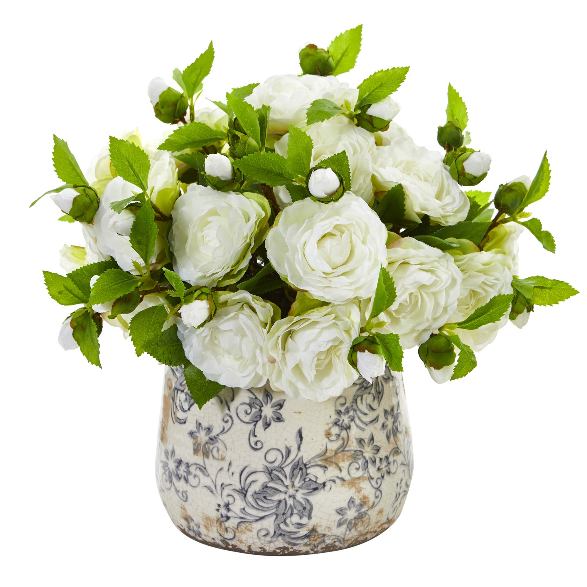 Nearly Natural Camellia Artificial Silk Flower Arrangement in Decorative Vase - White Floral Centerpiece for Home Decor, Wedding, Office & Dining Table