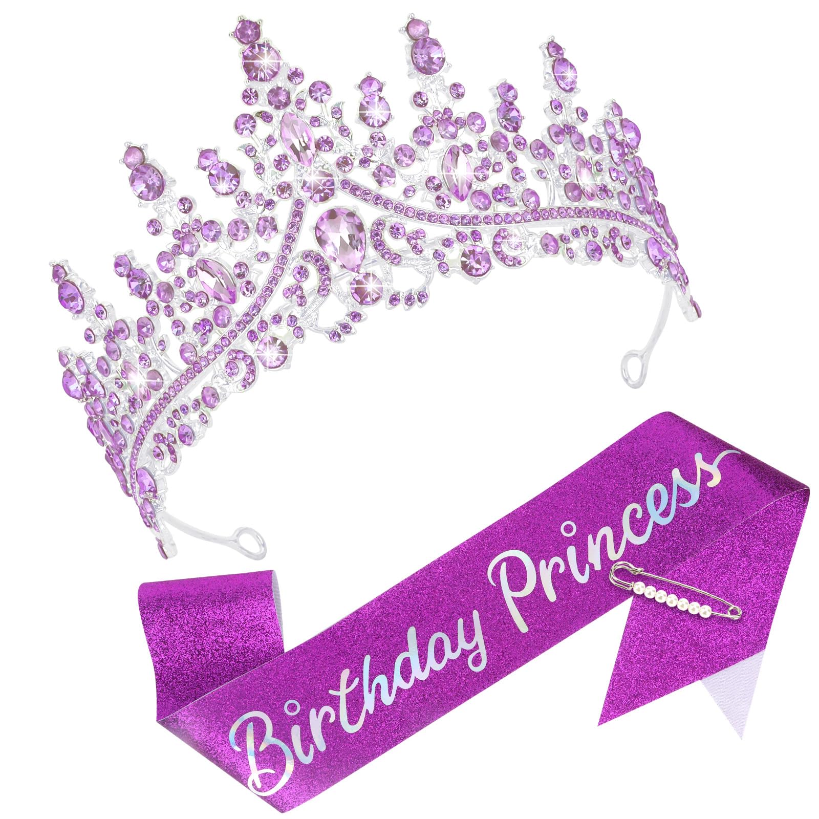 CAVETEE Glitter Birthday Princess Crown & Sash Set - Sparkling Tiara with Satin Sash for Women's Birthday Party Decorations | Perfect for Princess Themed Parties, Birthday Photos & Special Celebrations