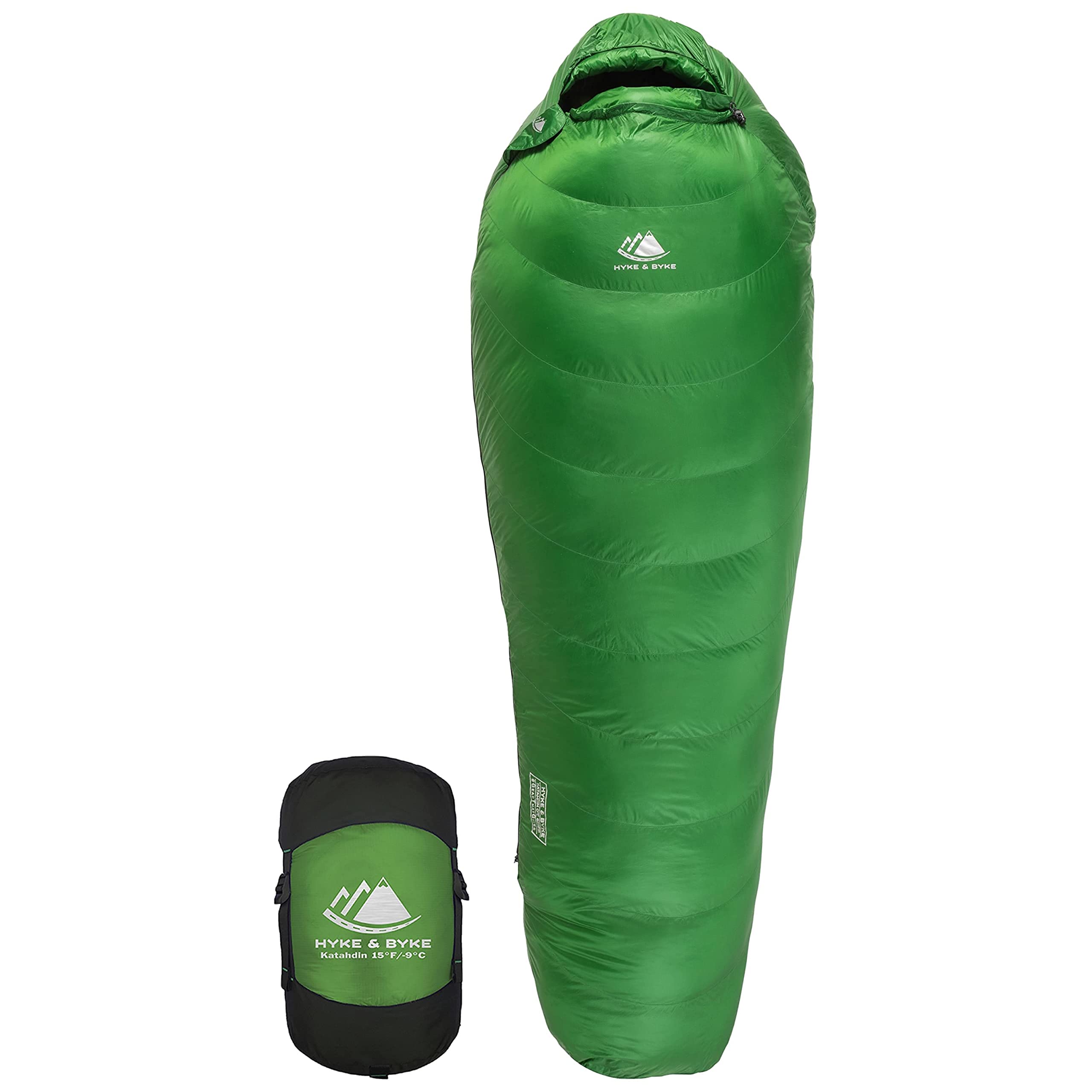 Hyke & Byke Katahdin 15°F Ultralight 4-Season Hiking Sleeping Bag - 625FP Water-Resistant Backpacking Gear for Camping & Outdoor Adventures (Forest Green, Short)