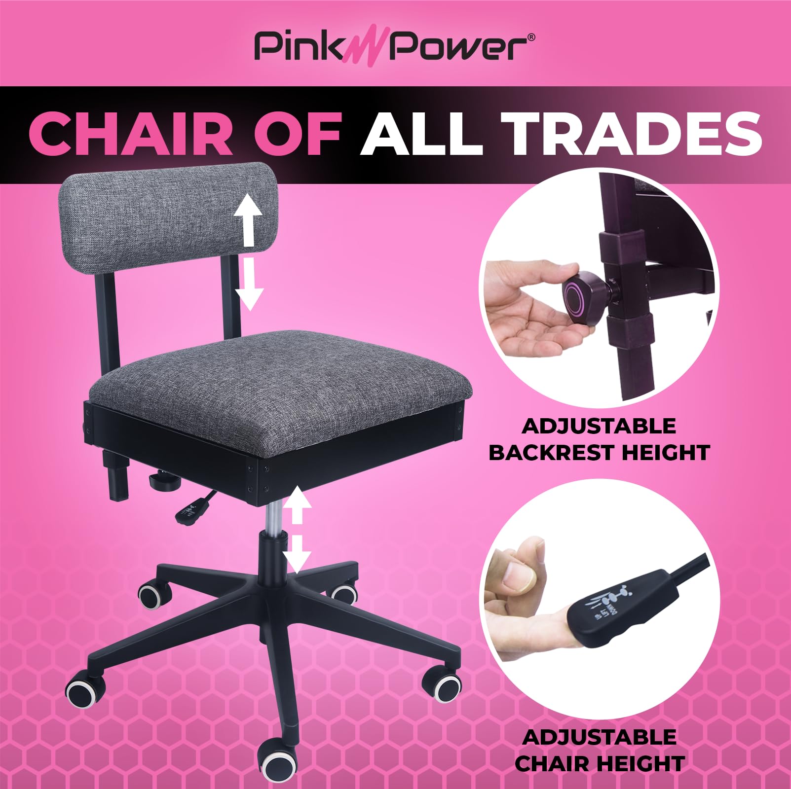 Pink Power Hydraulic Sewing Chair with Wheels & Adjustable Back Support - Ergonomic Armless Craft Chair for Sewing, Quilting & DIY Projects - Perfect for Home Studios, Craft Rooms & Professional Workshops