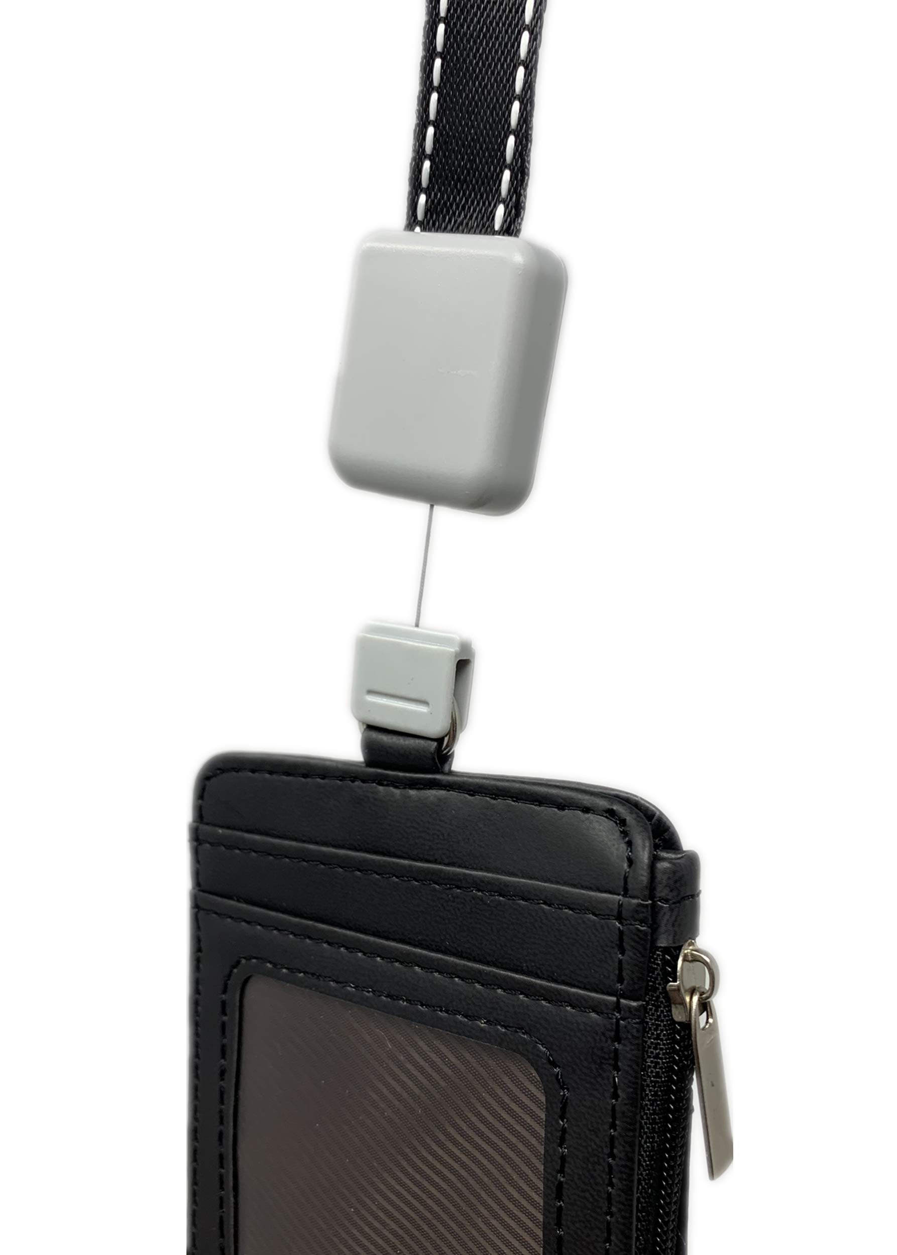 PU Leather Vertical ID Badge Holder with Zip - Slim Double Sided RFID Blocking Wallet Case with 5 Card Slots & Zipper Pocket - Includes Neck Lanyard & Retractable Reel (Black) - Perfect for Office, Security, Events & Conventions