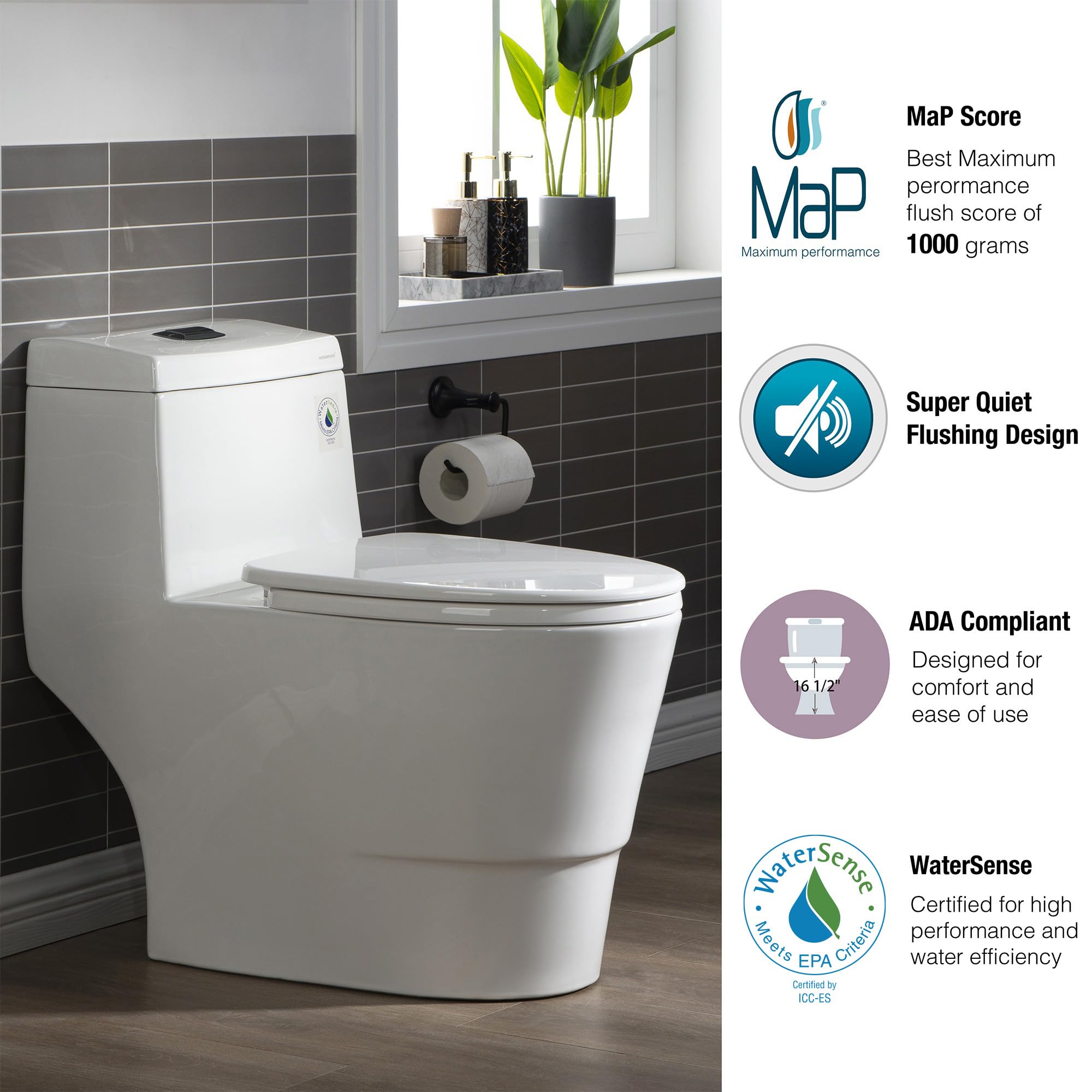 WOODBRIDGE One Piece Toilet with Soft Closing Seat - Chair Height ADA Compliant, 1.28 GPF Dual Flush Water Saving, 1000 Gram MaP Flushing Score, Water Sensed Technology, Matte Black Button (Model T0001-MB) - Perfect for Modern Bathrooms, Small Spaces & Water Conservation Homes