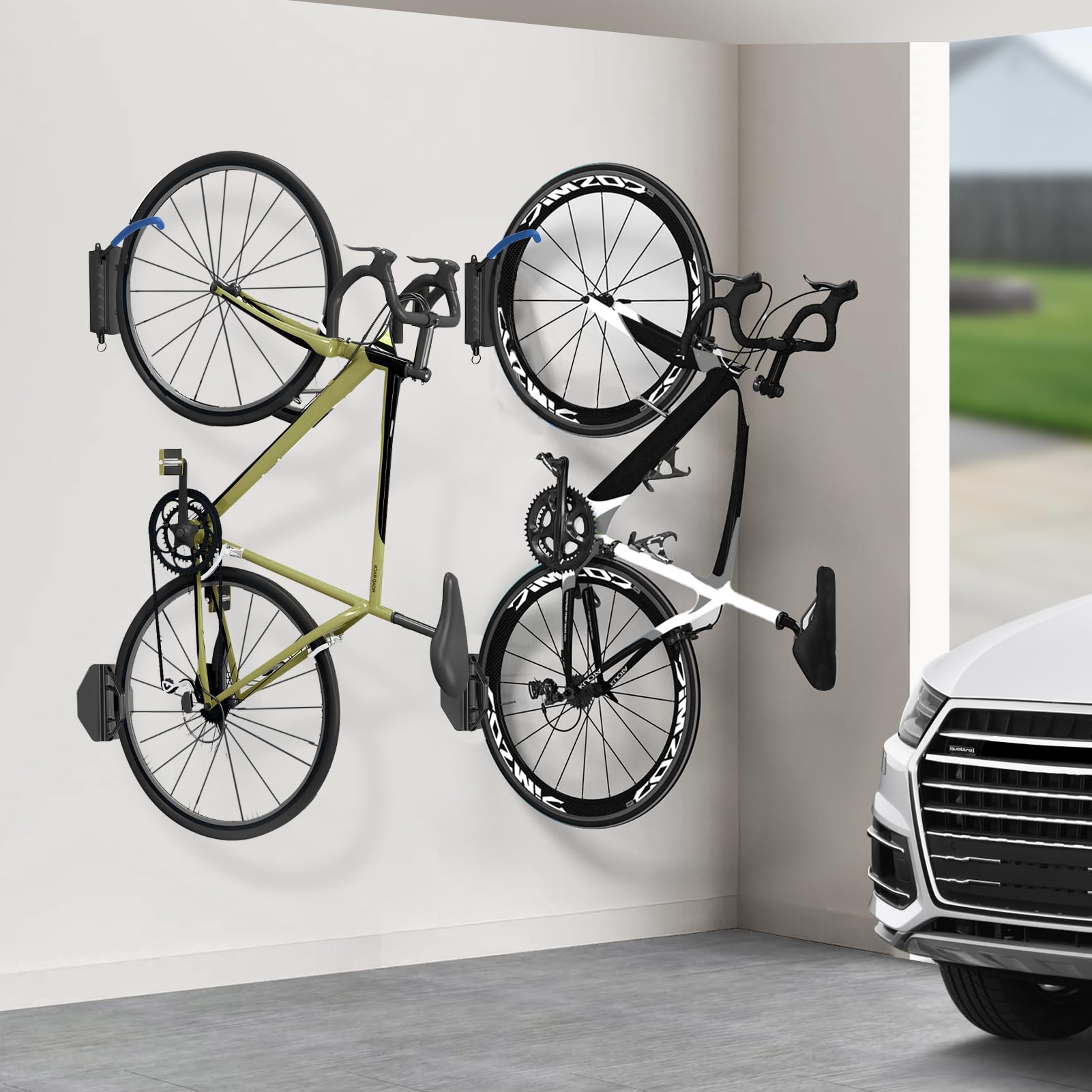Swivel Bike Wall Mount Rack - Space Saving Garage Bike Hooks & Hangers - Vertical Storage Solution Holds Up to 70 lbs (4 Pack, Blue) - Perfect for Garage, Basement, or Apartment Bike Organization