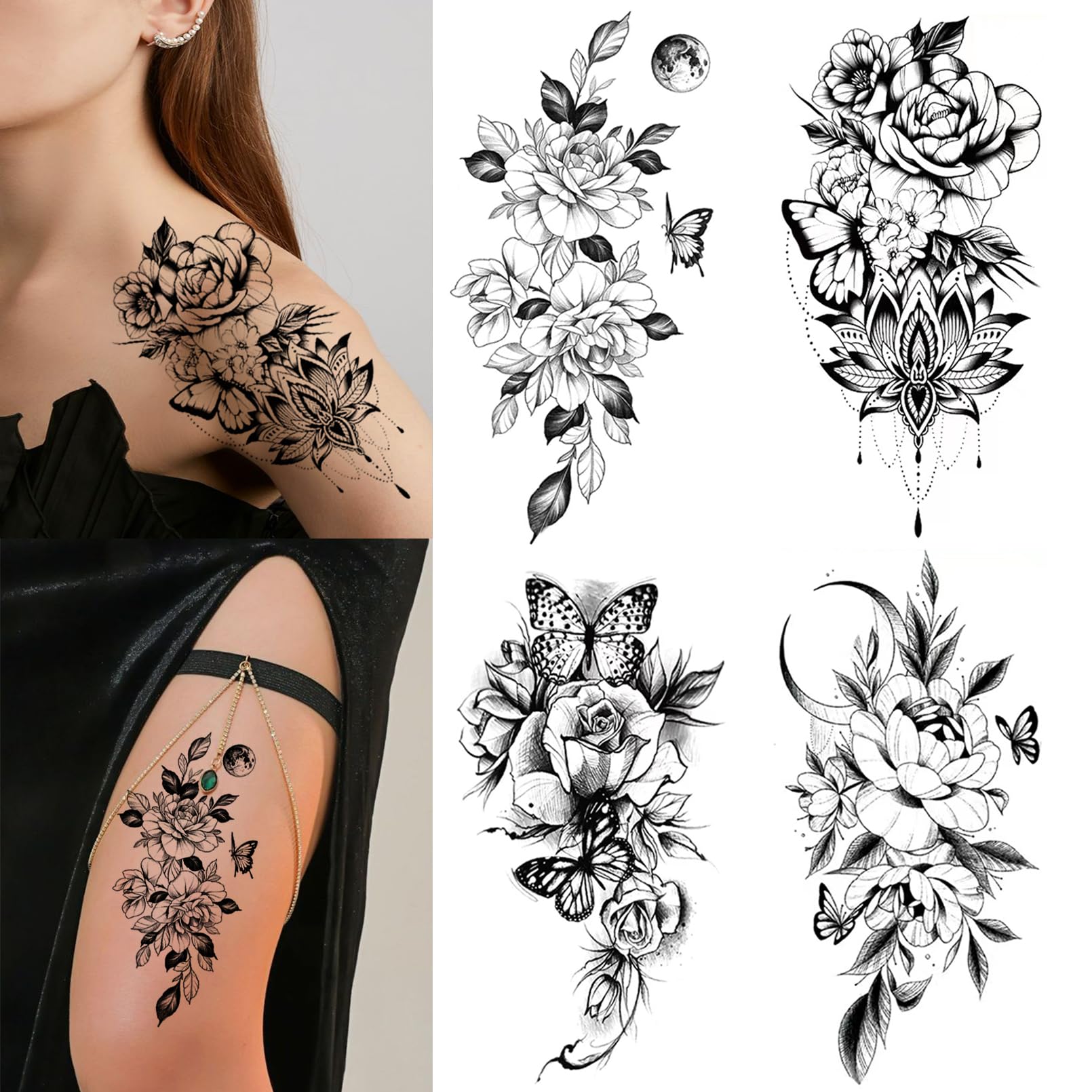 Realistic Black Flower Butterfly Temporary Tattoos for Women & Girls - 10 Sheets Large Waterproof Fake Tattoo Stickers - Long Lasting Body Art for Parties, Festivals, Cosplay & Summer Beach Looks