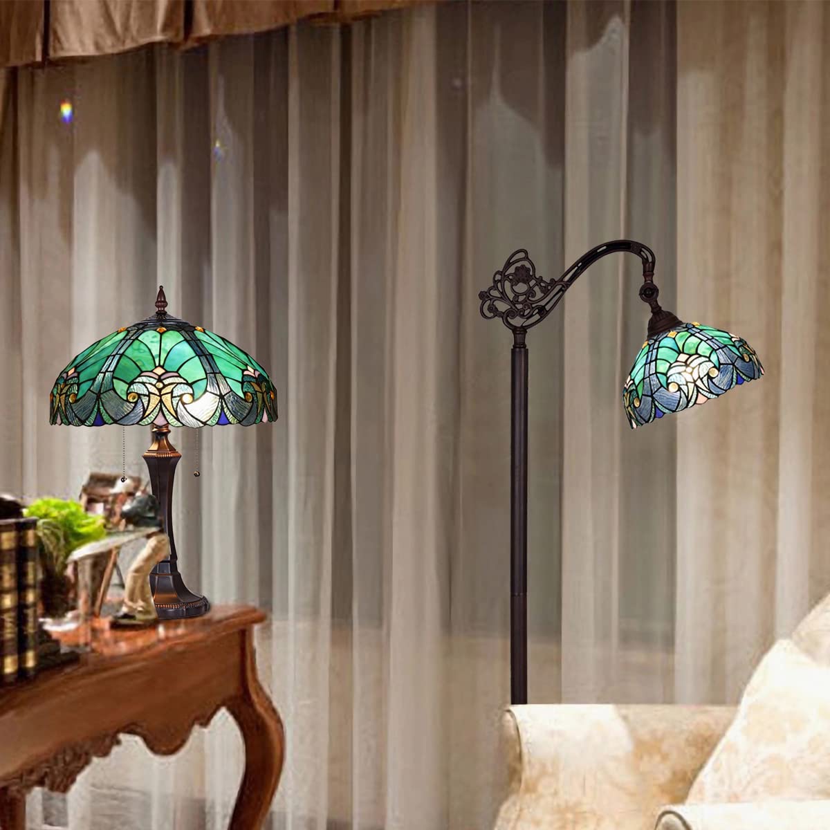 Tiffany Style Stained Glass Table Lamp & Floor Lamp Set of 2 - Elegant Reading Light for Living Room, Bedroom, Office - Perfect for Home Decor, Study Nook & Cozy Reading Corner