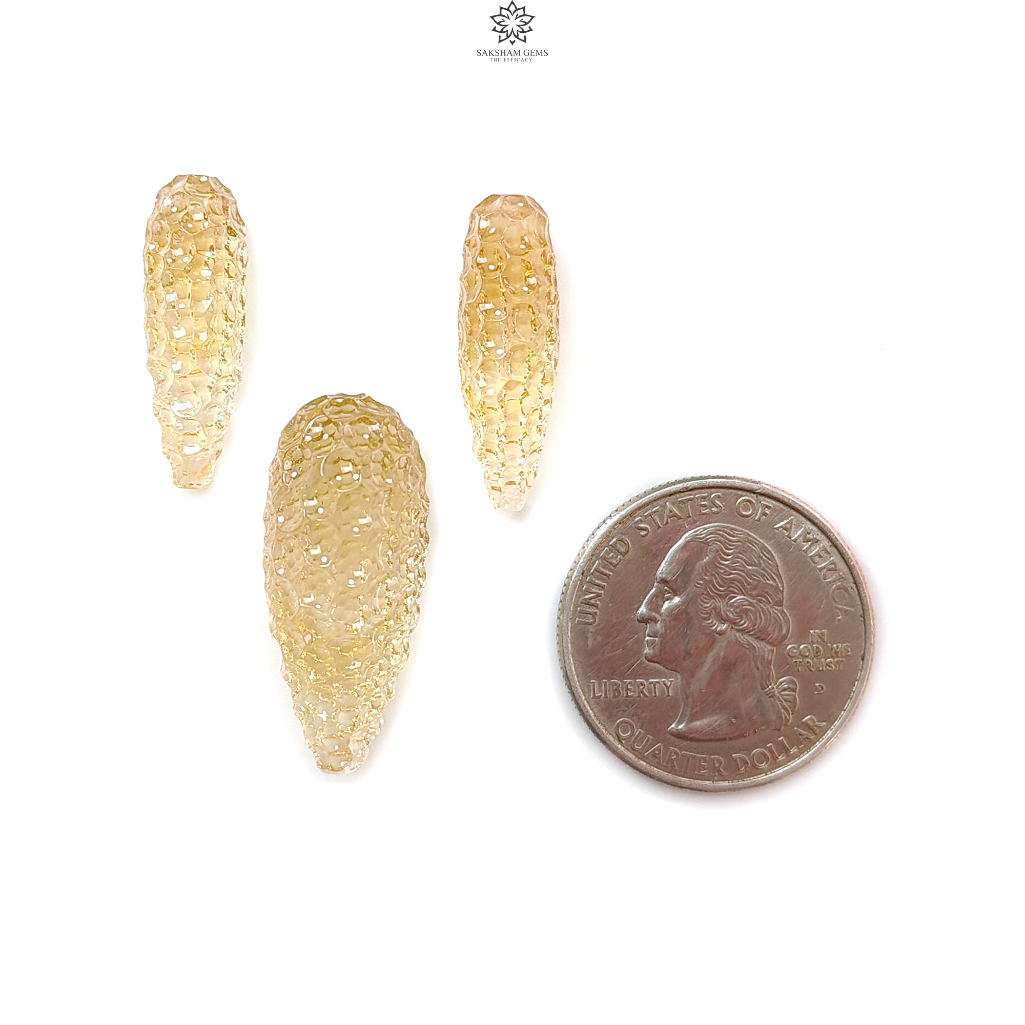 Natural Untreated Yellow Citrine Gemstone Carving - 42.40cts Hand Carved Teardrop Shape 23mm-28mm 3pc Set | November Birthstone Jewelry | Perfect for Necklace Pendants, Earrings & Gift Giving