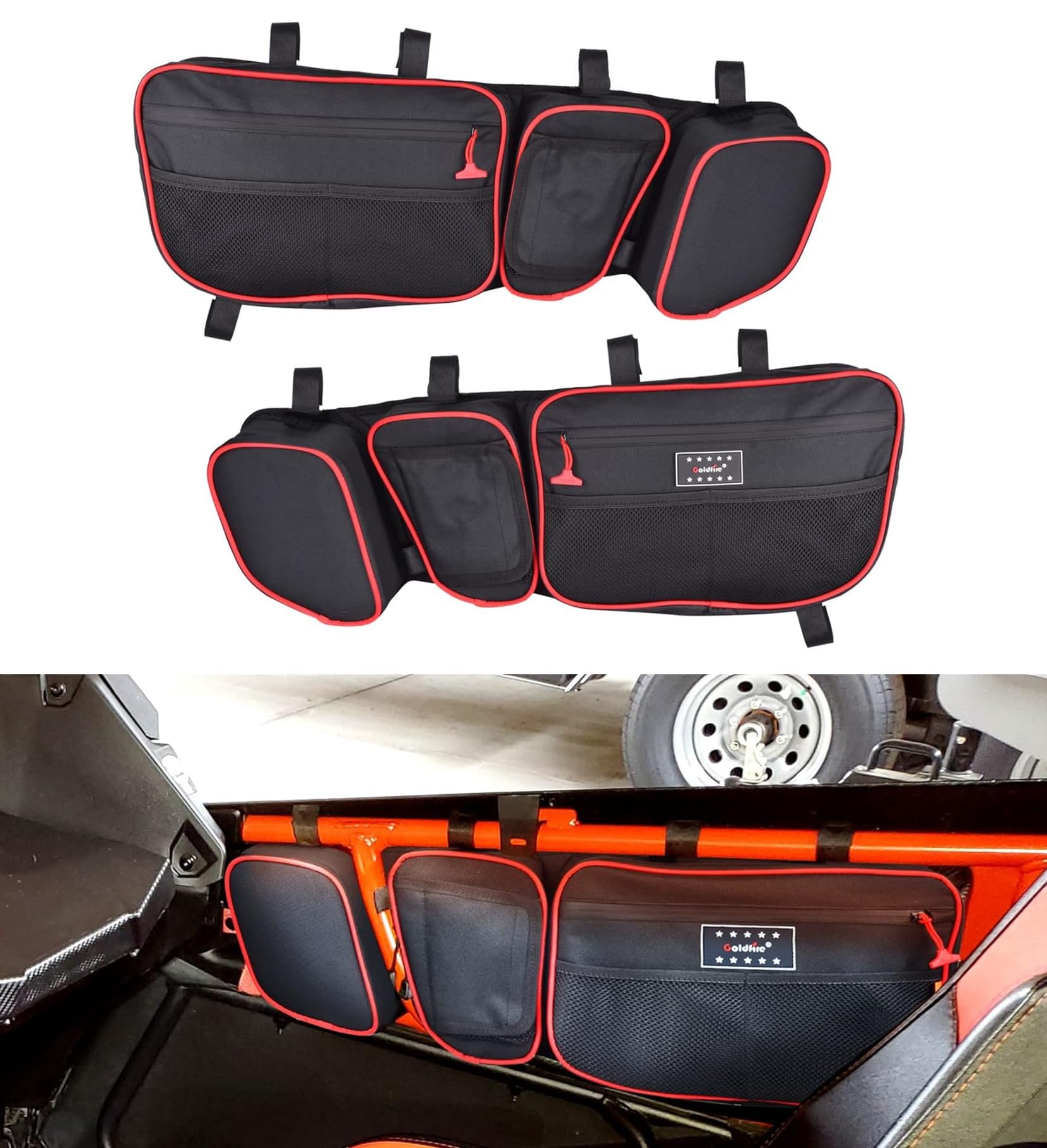 **Can Am Maverick X3 Accessories - Goldfire X3 Front Upper Door Storage Bags, Tool Organizer & Gear Bags with Removable Knee Pad (2017+ Maverick X3 Max/XRS/XDS/Turbo RR) - Red Piping - Perfect for Off-Roading & Adventure Gear Storage**