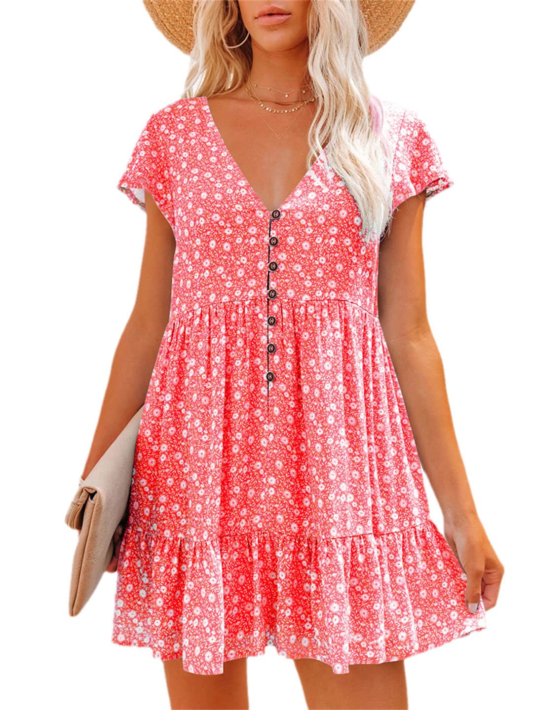Women's Summer Dress - Button V Neck Short Sleeve Casual Ruffle Hem Flowy Swing Mini Dress for Beach, Vacation & Outdoor Activities