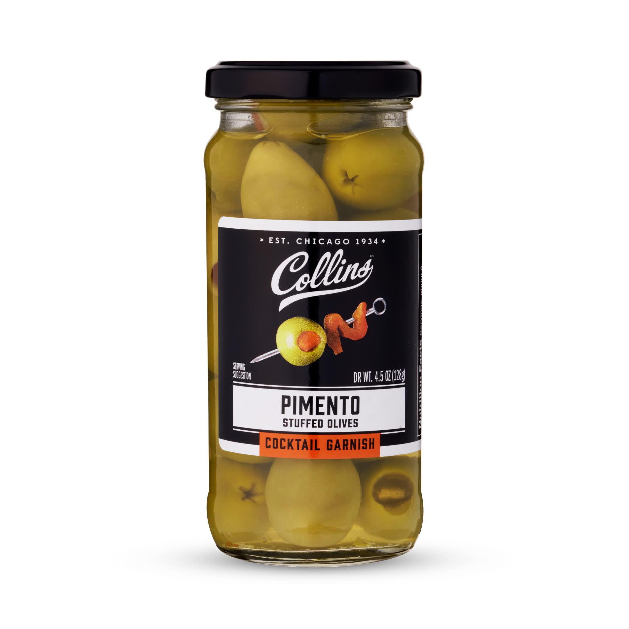 Premium Collins Pimento Stuffed Spanish Queen Olives - Gourmet Cocktail Olives with Pimento Pepper for Dirty Martinis, Charcuterie Boards & Cooking - 4.5oz Jar