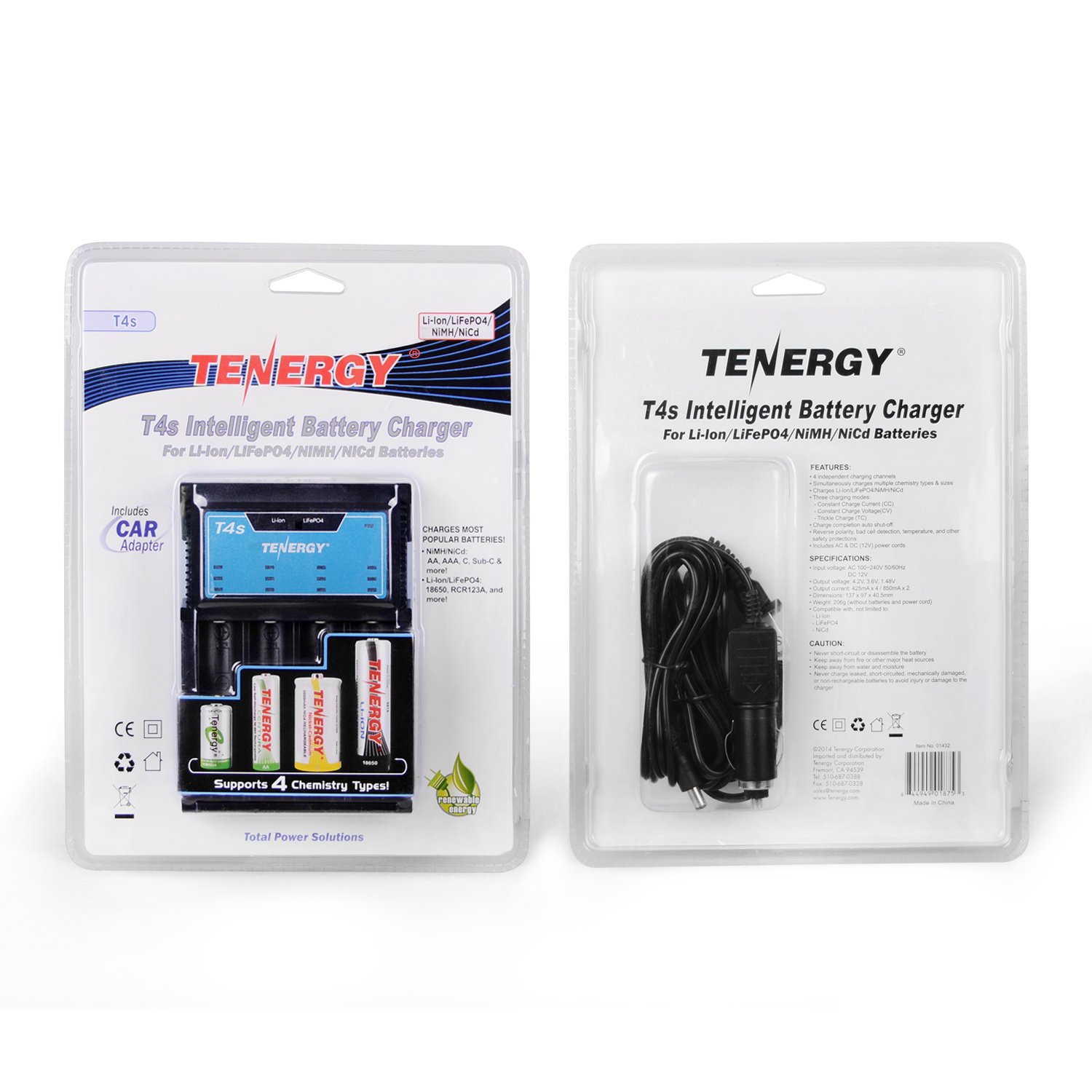 Tenergy T4s Smart Universal Battery Charger - 4 Slot Fast Charging for Li-ion, LiFePO4, NiMH & NiCd Rechargeable Batteries (18650, 14500, 26650, AA, AAA, C) with Car Adapter - Perfect for Home, Office & Travel Use