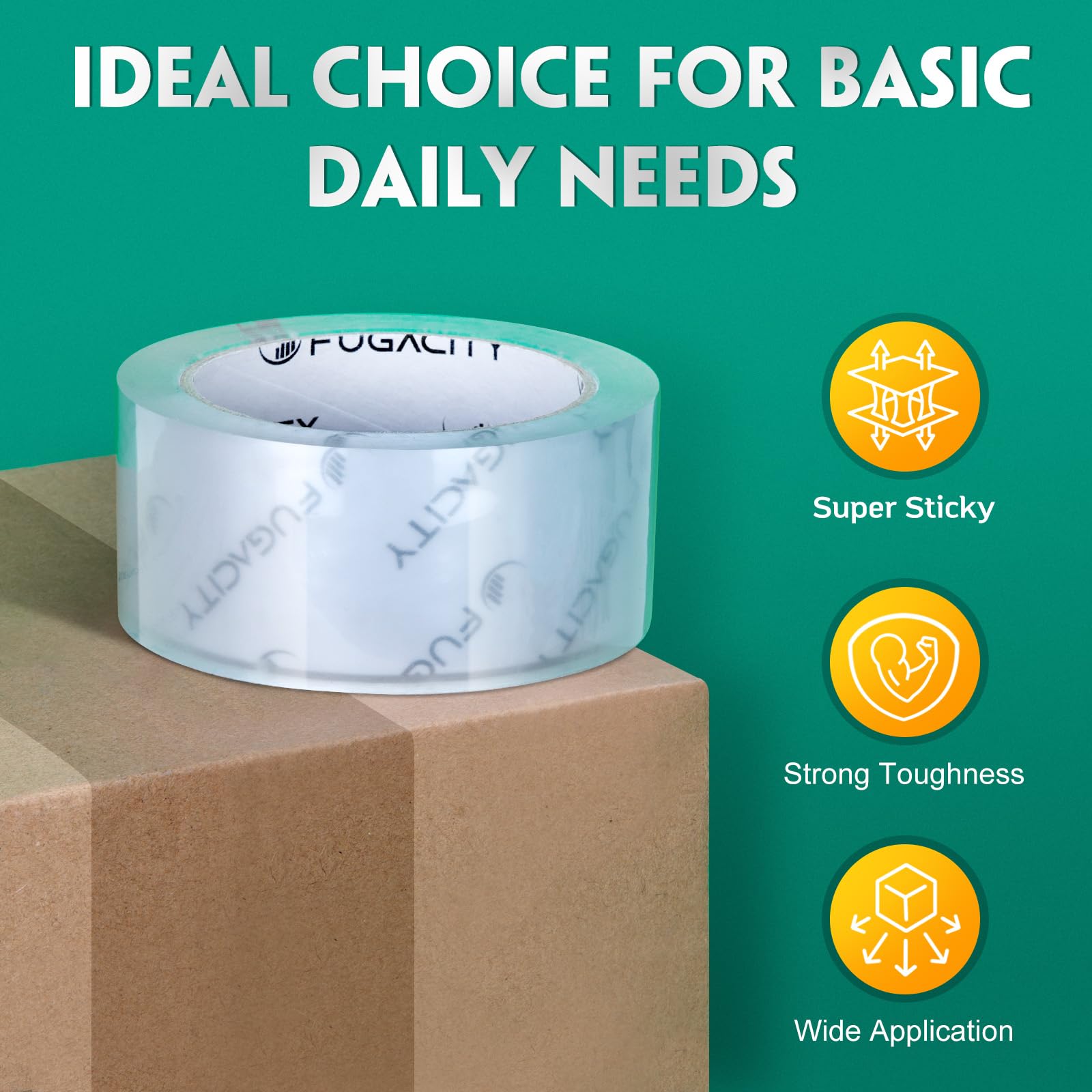 FugaCity Clear Heavy Duty Packing Tape Refills - 6 Rolls, 2.7 Mil Thick, 1.88 Inch Wide, 390 Total Yards - Strong Moving & Shipping Tape for Box Sealing, Packing Supplies, Storage & Office Use