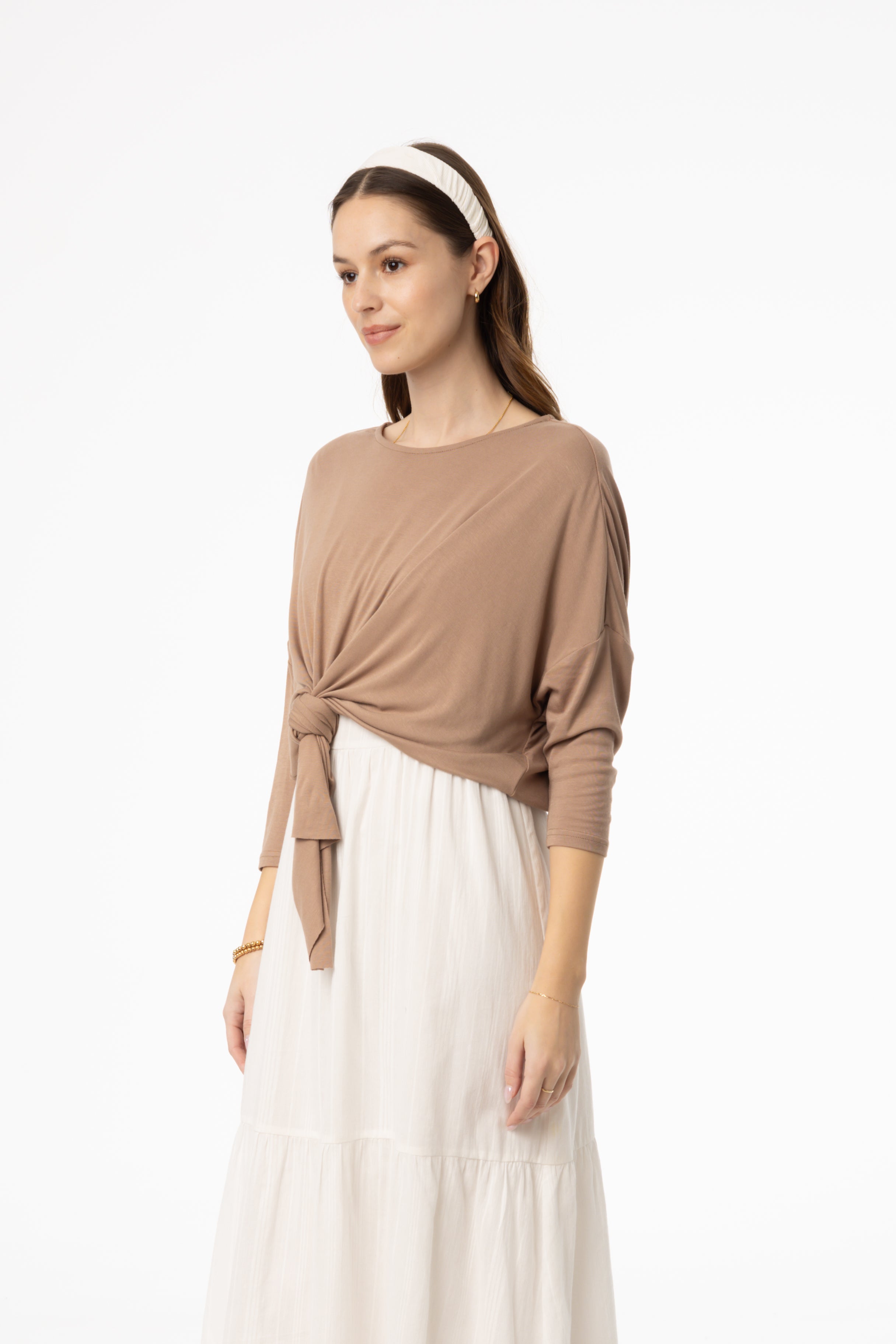 Mocha Dolman Tie Knot Tee - Women's Fashion Tops for Casual Wear, Office Outfits & Date Nights