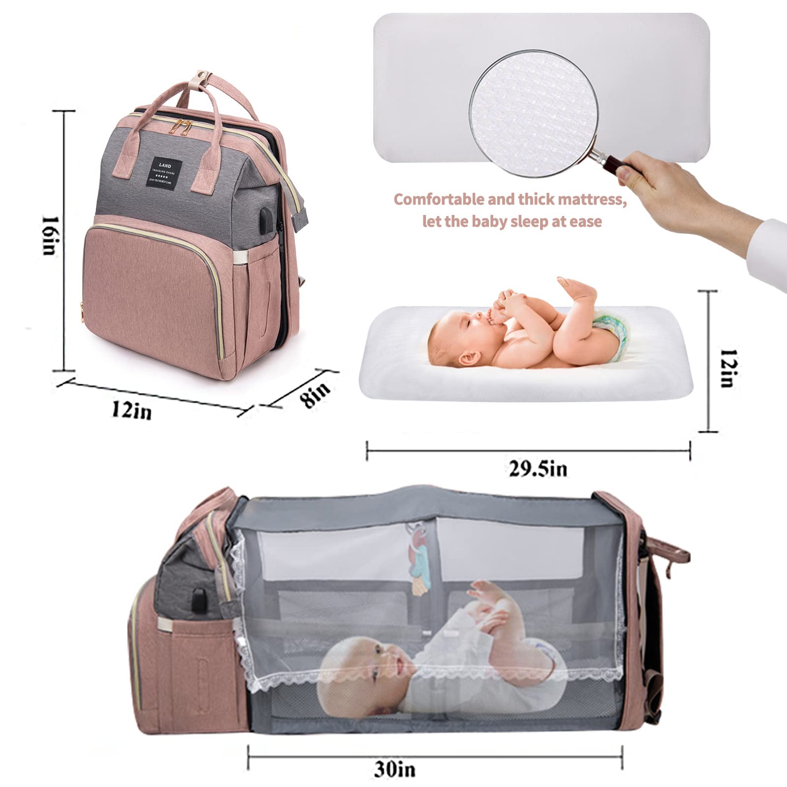 ANWTOTU Large Capacity Diaper Backpack with Changing Station - 900D Oxford Waterproof Diaper Bag for Boys & Girls (Pink Grey) - Perfect for Travel, Daycare & On-the-Go Parents