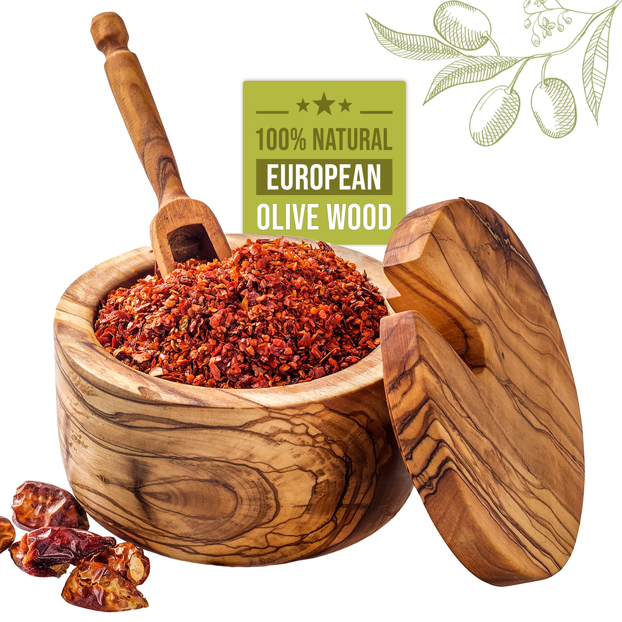 Handmade Natural Olive Wood Salt Cellar with Lid & Spoon - Solid Wood Salt & Spice Box, Stylish Countertop Salt Holder for Kitchen, Dining Table & Gift Giving