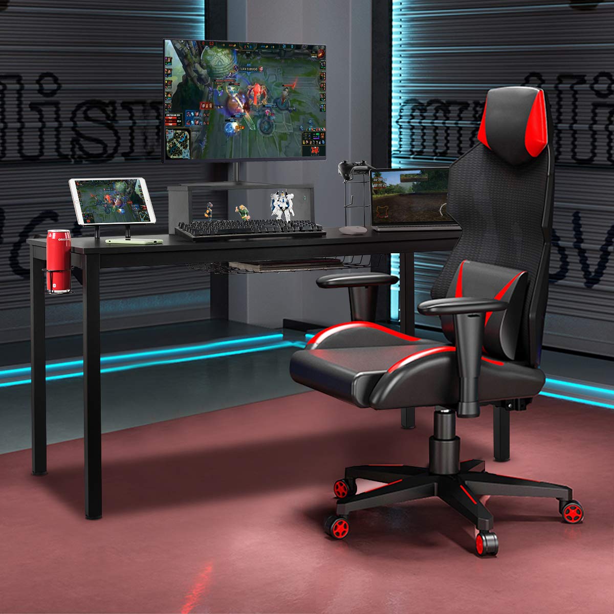 Tangkula 55 Inch Large Gaming Computer Desk - Ergonomic Home Office Desk with Monitor Shelf, Cup Holder, Tablet Board & Headphone Hook - Study Workstation with Storage Basket for PC, Laptop & Console Gaming (Black) - Perfect for Home Office, Gaming Setup & Remote Workstations