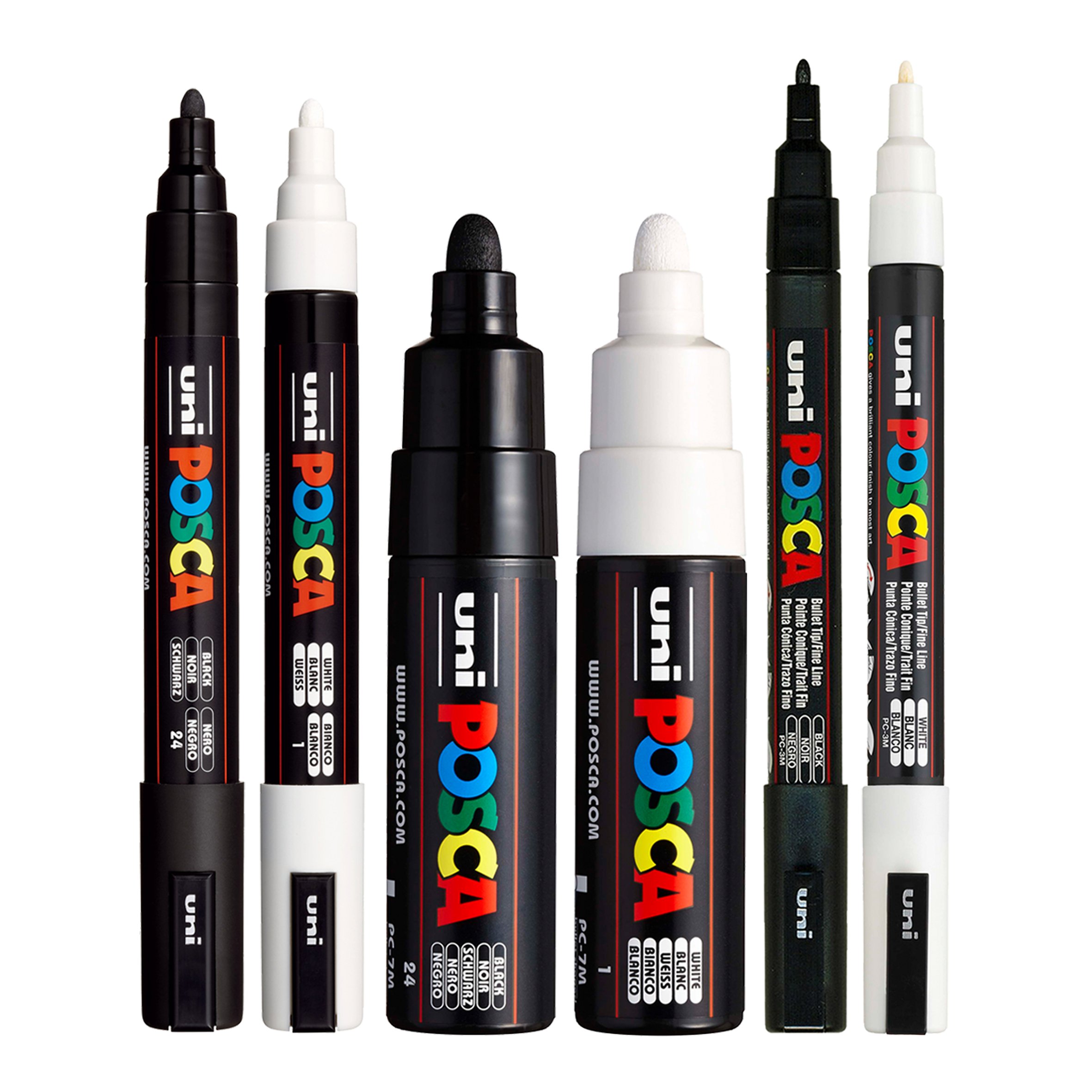 POSCA Bullet Tip Marker Pens Set of 6 - Black & White Paint Markers (PC-5M, PC-7M, PC-3M) for Sketching, DIY Crafts & Art Projects