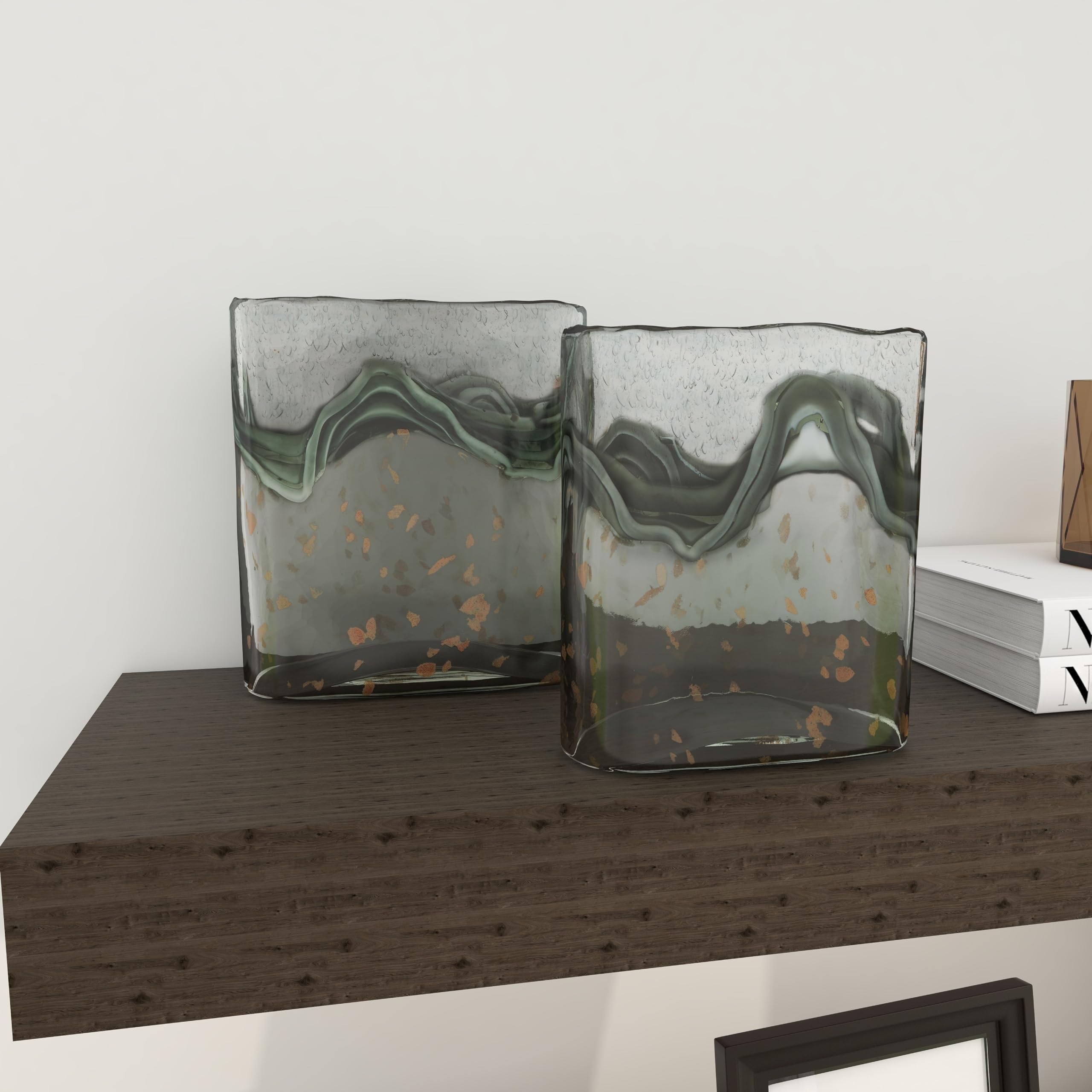 Deco 79 Handmade Glass Vase Set of 2 - Speckled Wave Design Blown Centerpiece Vases for Home Decor (9