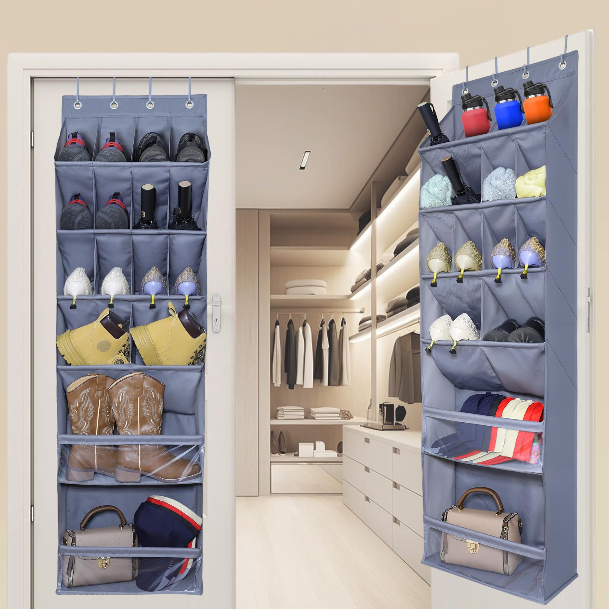 Over The Door Shoe Organizer - 16 Deep Pockets Hanging Shoe Rack for Closet, Wall & RV Storage | Space-Saving Shoe Holder for Small Spaces & Narrow Doors | Perfect for Bedroom, Entryway & Dorm Organization (Grey)