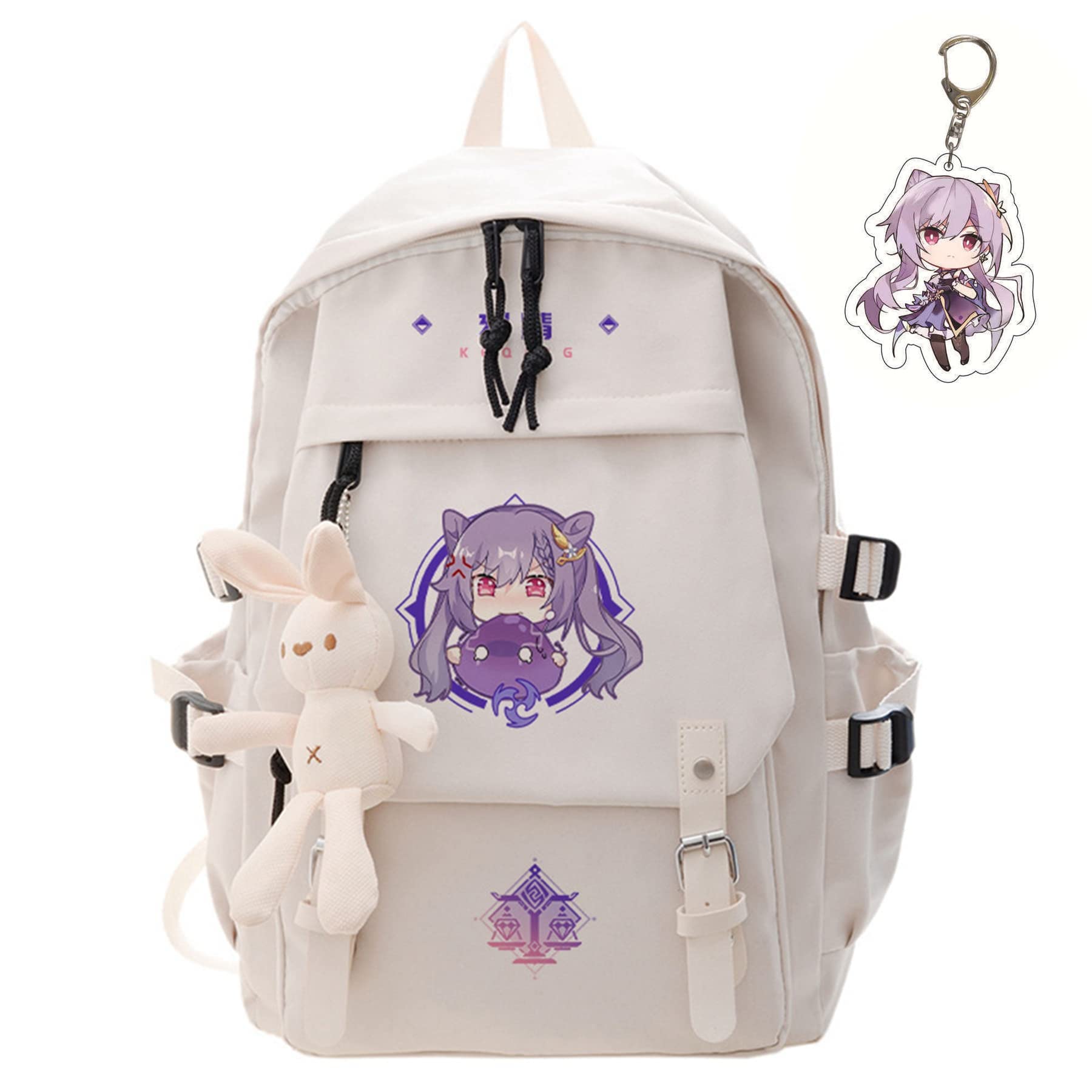 Genshin Impact Keqing Themed 17.7 Inch Anime Cosplay Backpack with Keychain - Perfect for School, Travel & Gaming Conventions | Great Gift for Fans, Kids, Teens & Adults