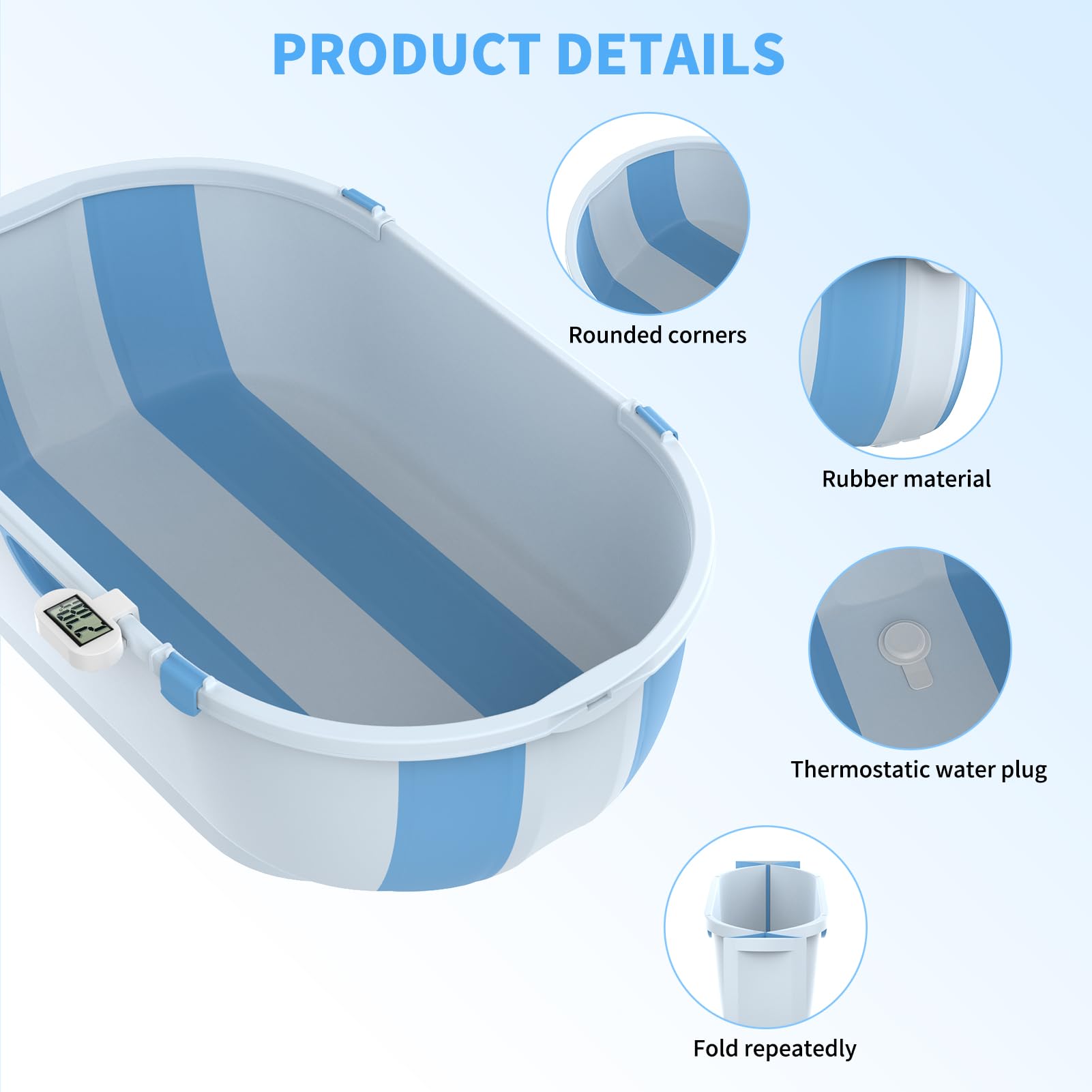 Foldable Baby Bathtub with Stand & Built-in Thermometer | Portable Infant Bath Tub with Drain Plug | Non-Slip Design for Newborns to 5 Years Old (Blue) | Perfect for Home, Travel & Daycare Use