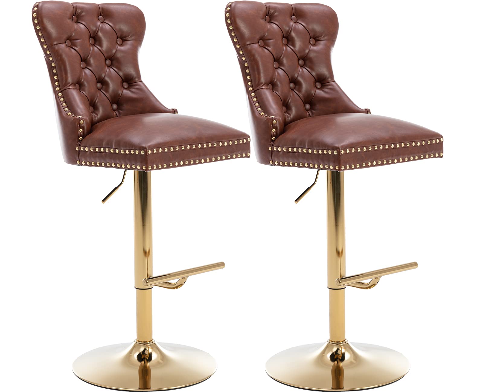 Tufted Bar Stool Set of 2 - Adjustable Height PU Leather Swivel Counter Stool with Golden Base & Footrest - Perfect for Home Kitchen, Bar, Club & Restaurant Dining (Brown)