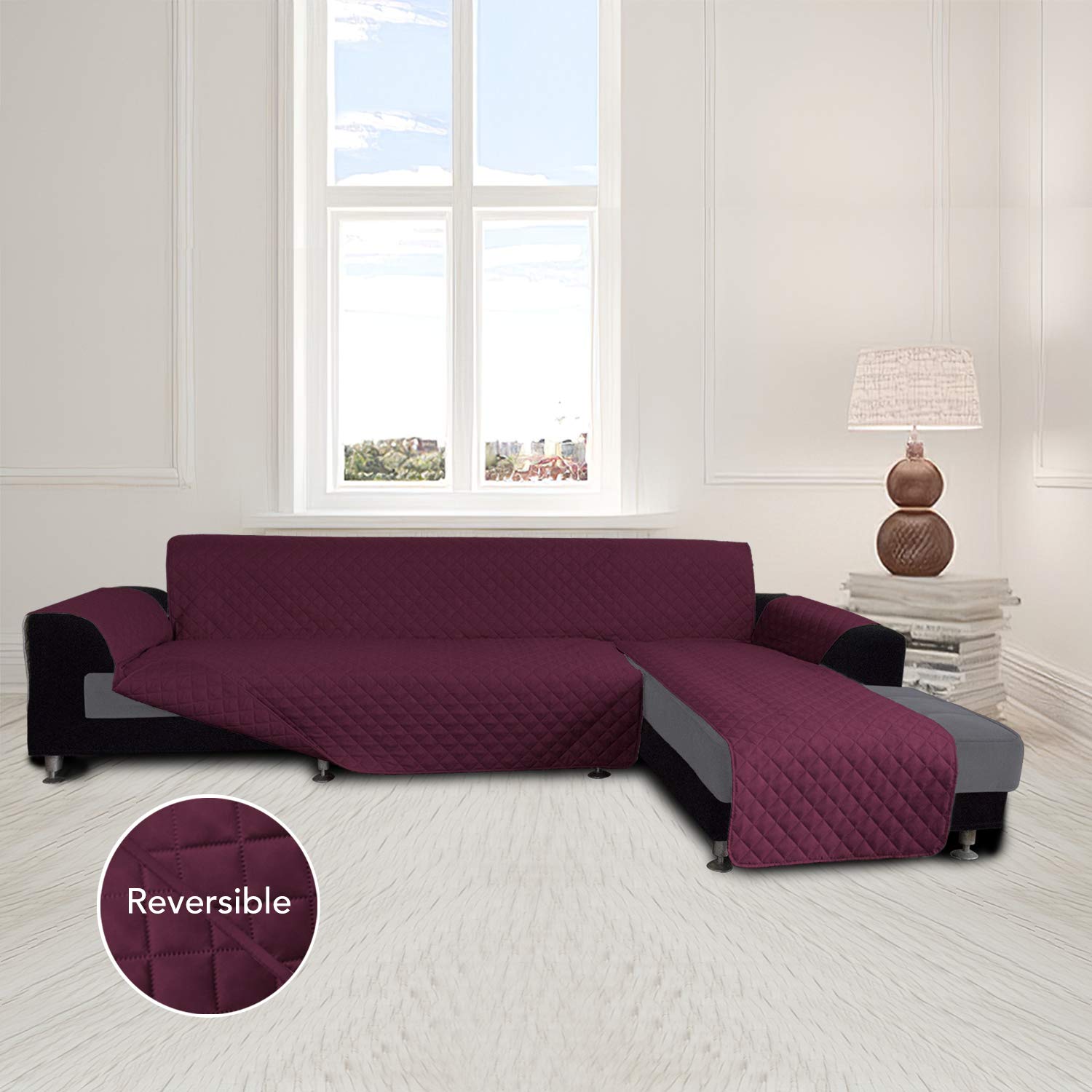 Reversible L-Shape Sofa Slipcover - XL Wine/Wine Sectional Couch Cover with Chaise Lounge, Furniture Protector for Pets & Kids, Durable Stretchable Sofa Cover for Living Room, Family Room or Office