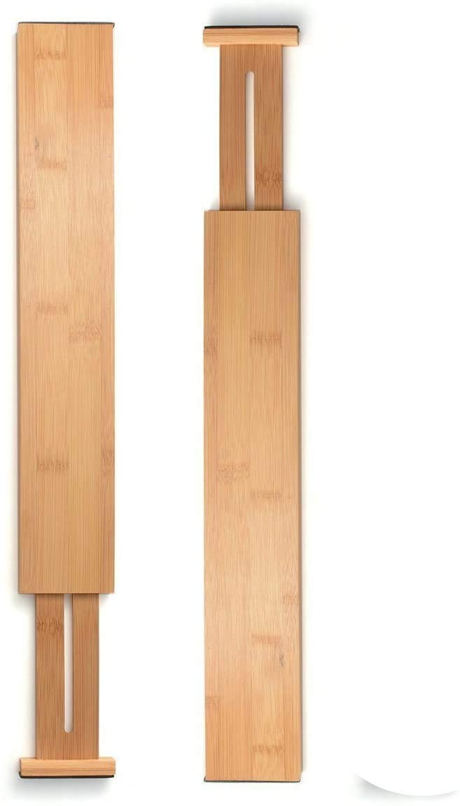 Ulalaza 2-Pack Adjustable Bamboo Drawer Organizers - Expandable Spring-Loaded Dividers for Kitchen, Dresser, Bedroom, Baby Clothes & Bathroom Storage - Perfect for Desk Drawer Organization