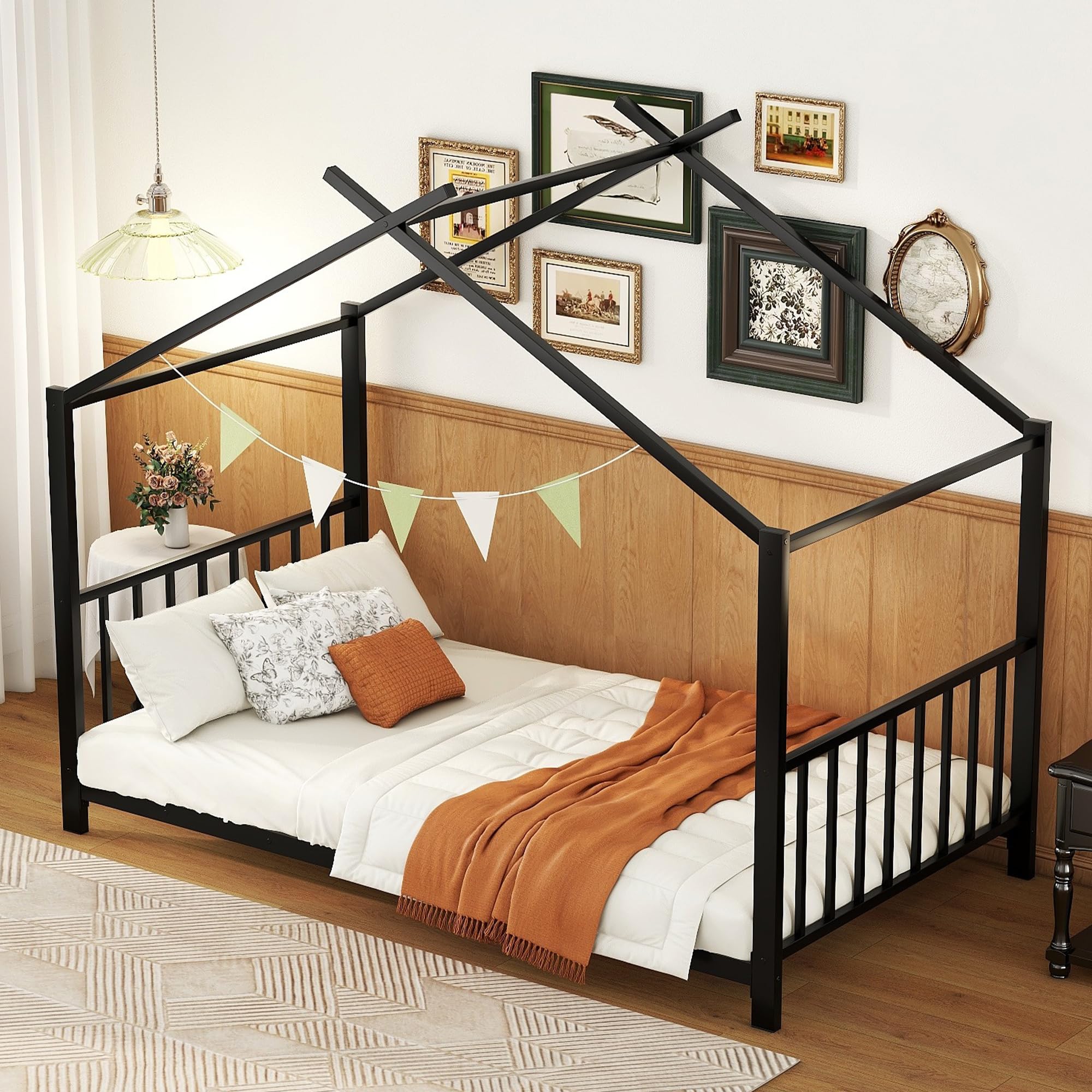 Montessori Twin Size Floor Bed for Kids - Sturdy Metal Frame with High Headboard & Roof Design - Perfect for Boys & Girls Bedrooms (Black) - Ideal for Montessori Learning & Cozy Sleep Spaces