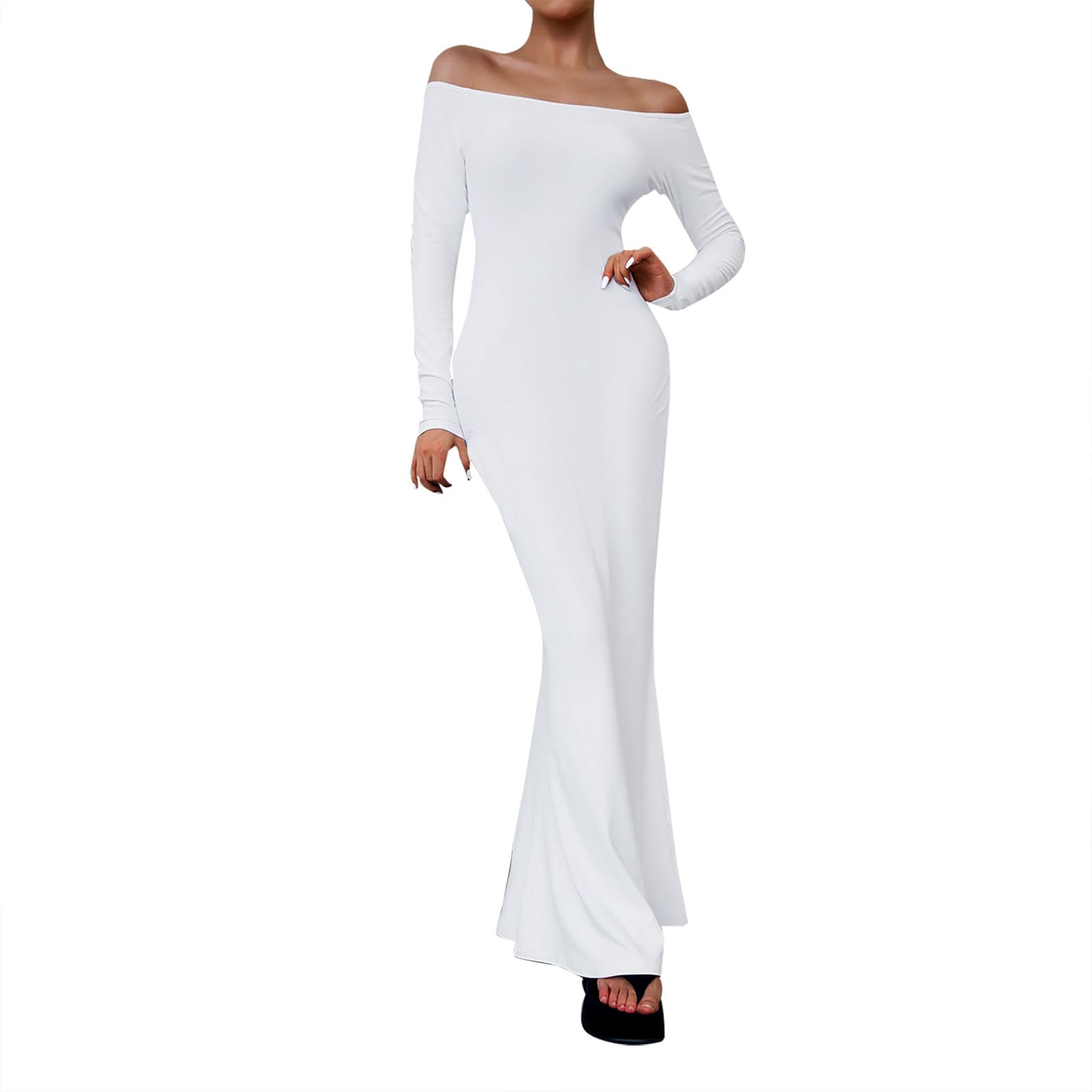 Elegant Women's Fall Maxi Dress - Off Shoulder Long Sleeve Fishtail Gown for Wedding Guest, Formal Party & Special Occasions | Solid Color Evening Dress for Women | Perfect for Cocktail Parties, Holiday Events & Date Nights