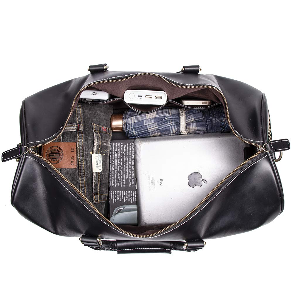 Premium Genuine Leather Travel Duffle Bag for Men - Vintage Retro Carry-On Hand Luggage (Black) - Ideal for Business Trips, Gym, Weekend Getaways & Airplane Travel