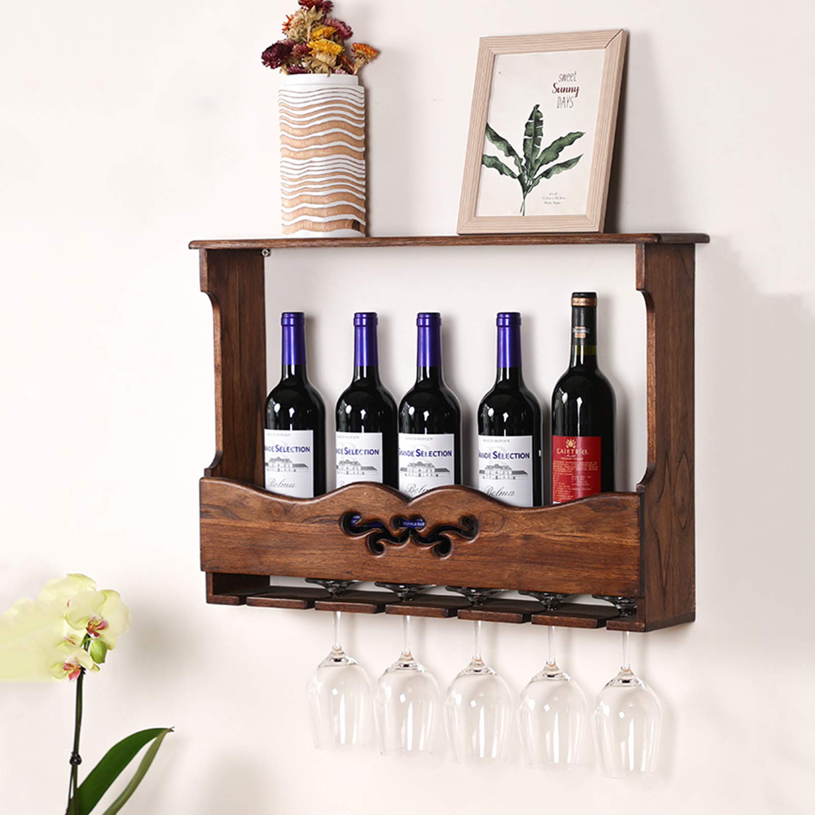 Farmhouse Wall Mounted Wooden Drinks Rack - Wine & Whiskey Bottle Shelf for Kitchen, Bar, Dining Room Decor - Fully Assembled Rustic Home Storage Solution