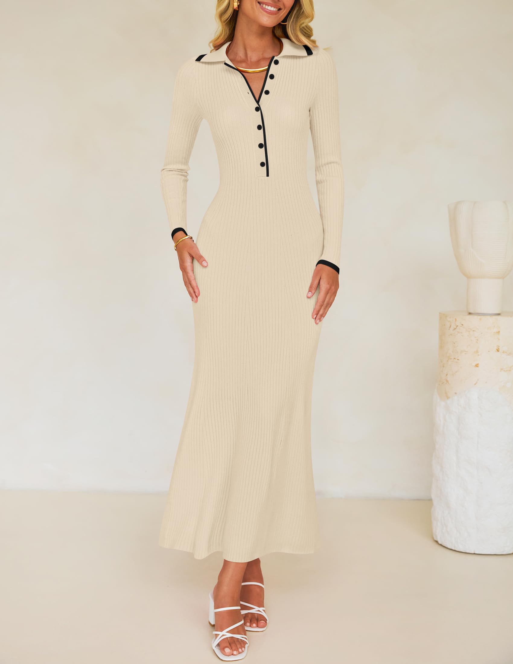 ZESICA Women's Long Sleeve Sweater Dress - V Neck Ribbed Knit Bodycon Maxi Dress for Spring 2025 | Casual, Formal & Cocktail Party Wear | Perfect for Office, Date Night and Special Occasions