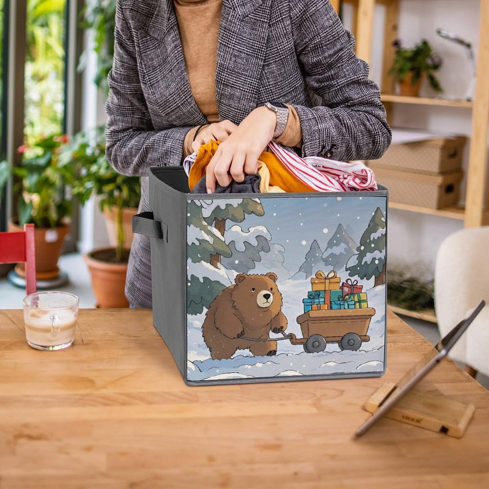 6PCS Foldable Storage Bins with Handles - Large Capacity Bear Printed Storage Boxes & Cubes for Playroom, Office, Home Organization - Perfect for Kids' Toys, Books, Clothes & Household Items Storage