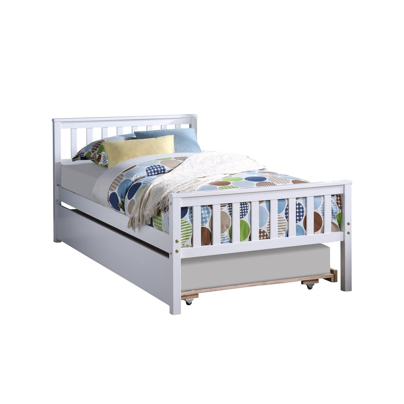 JINS&VICO Twin Sleigh Platform Bed with Trundle - Solid Pine Wood Bed Frame for Compact Rooms - White | Space-Saving Kids Bedroom Furniture, Guest Room & Small Space Solution