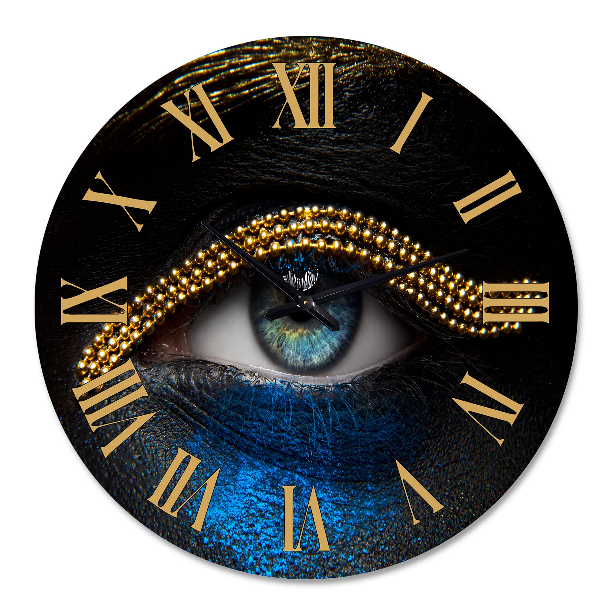 DesignQ Modern Wall Clock - Elegant Woman Eyes with Gold Chain & Blue Pigment - Large Decorative Clock for Living Room, Bedroom, Office - Perfect Home Decor & Unique Gift Idea