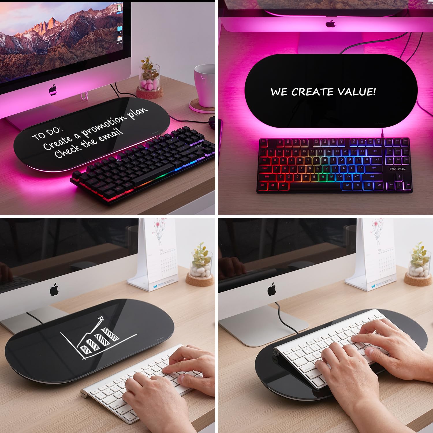 TSJ OFFICE 17x7 Inches Glass Desktop Whiteboard - Small Dry Erase Board with Pink LED Light, Glass Surface Notepad with Drawer - Perfect for Office, Home & School Organization (Black) | Ideal for Meetings, Notes & Daily Planning
