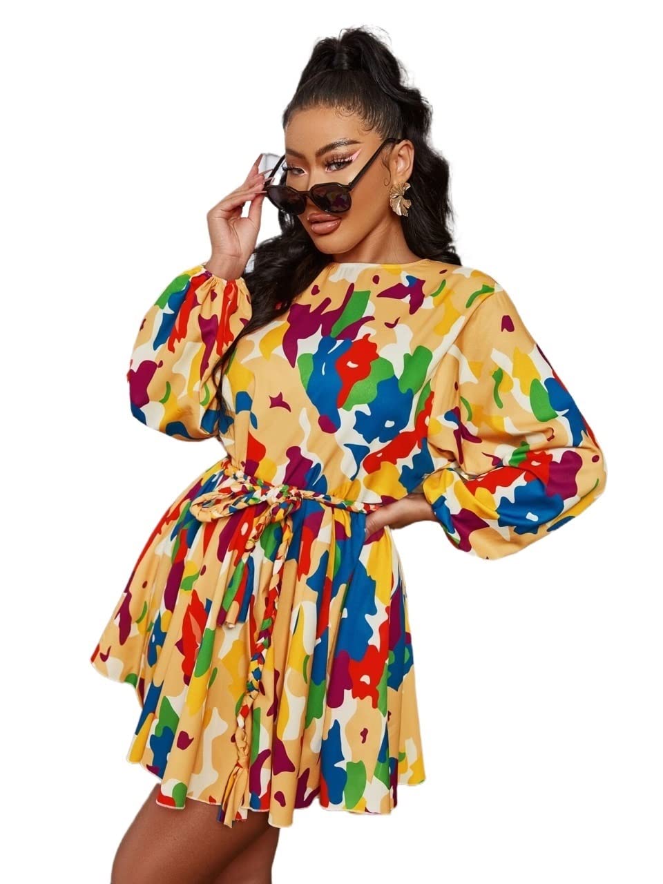 IFAJOOR Women's Summer Dresses - Floral Print Bishop Sleeve Belted Casual Dress for Women | Small Size | Perfect for Beach Vacation, Garden Party & Summer Outings