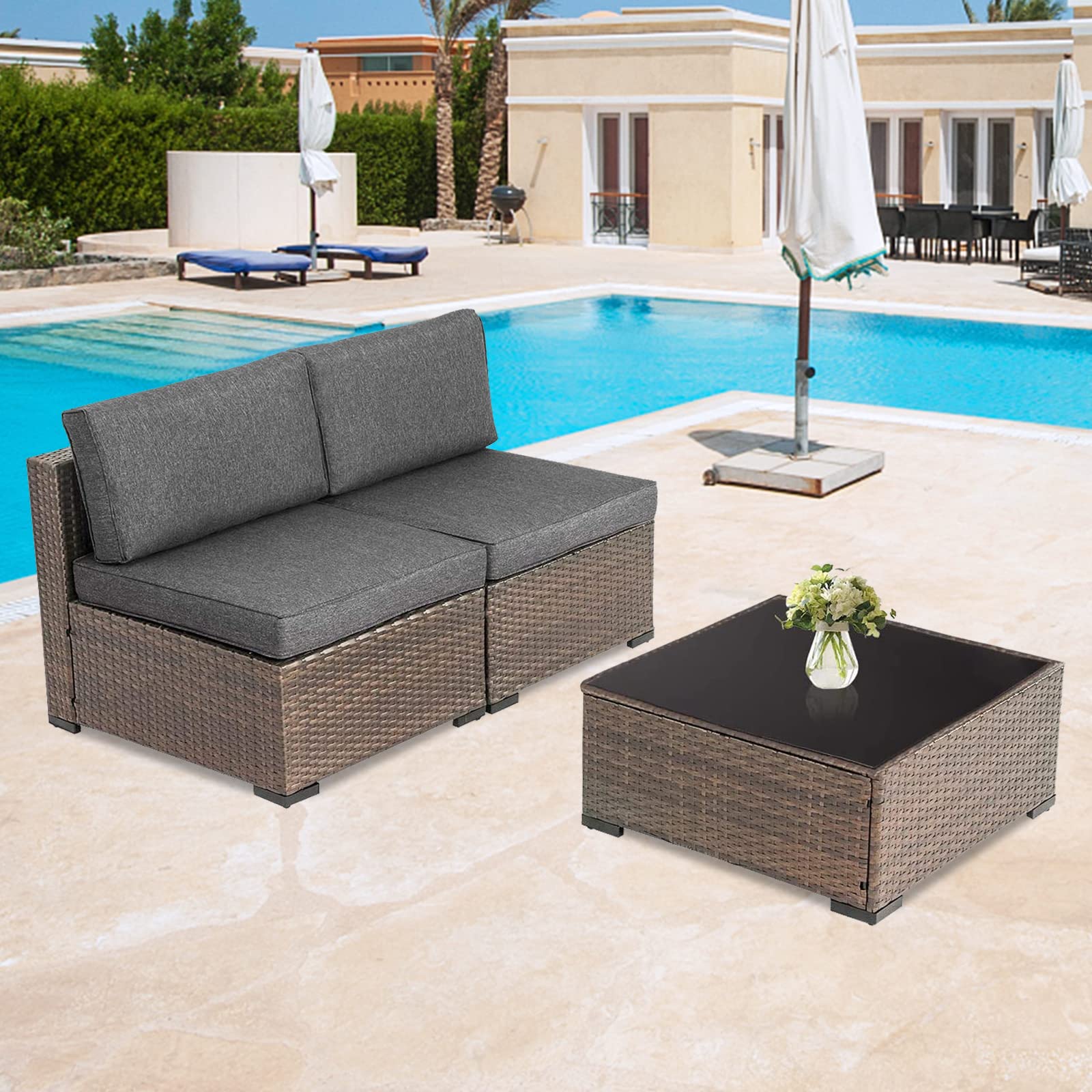 Kinbor 3-Piece Outdoor Patio Furniture Set - Wicker Rattan Sectional Sofa with Washable Cushions, Loveseat, Armless Chairs & Coffee Table in Dark Gray - Perfect for Garden, Backyard, Poolside & Patio Relaxation