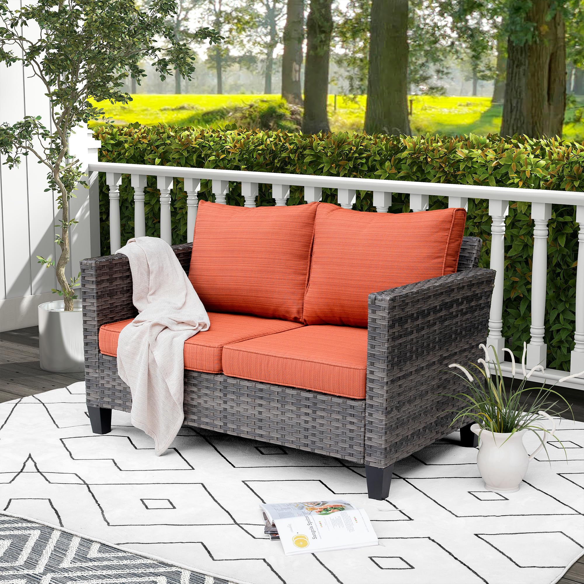 Ovios 2-Seater Outdoor Wicker Loveseat - All-Weather Rattan Patio Sofa with High Back & Deep Seat, Comfy Cushions - Perfect for Porch, Garden, Deck & Backyard Relaxation (Orange Red)