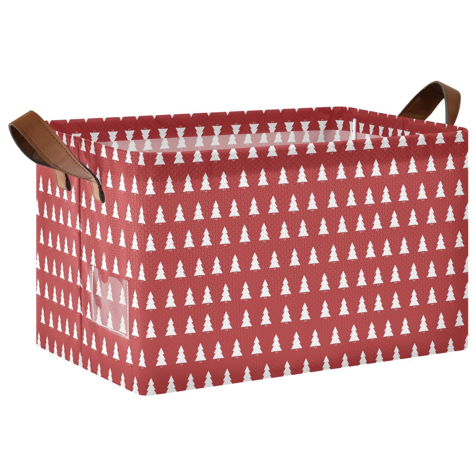 Red Christmas Trees & White Fabric Storage Bins - Collapsible Decorative Baskets with Handles for Closet, Toy & Gift Organization | Holiday Home Decor & Seasonal Storage Solutions