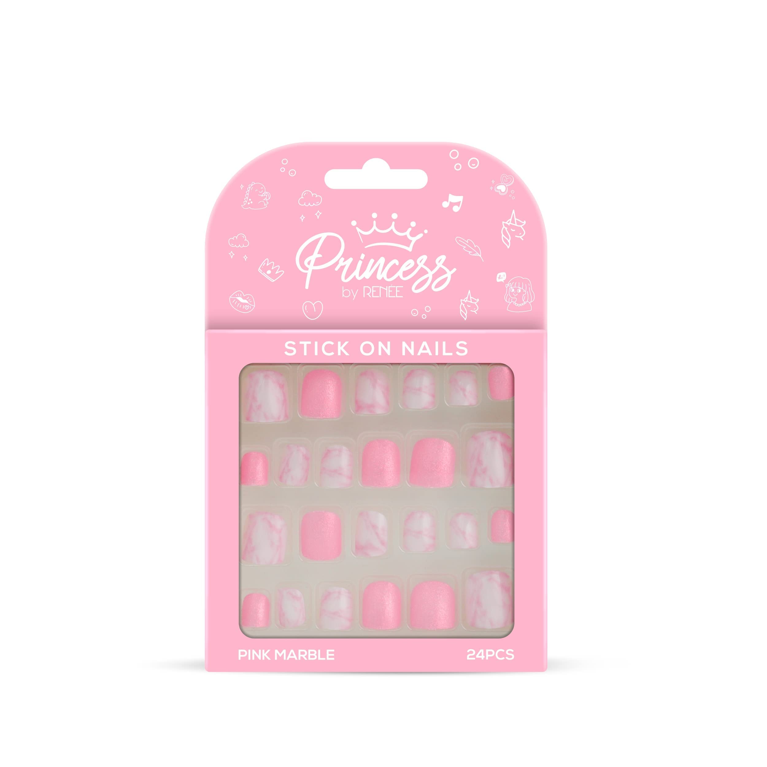 Princess By RENEE Stick On Nails - 24 Reusable Artificial Nail Set with Rainbow Unicorn & Pink Marble Designs | Lightweight, Long Lasting, Easy to Apply | Perfect for Parties, Weddings, and Special Occasions