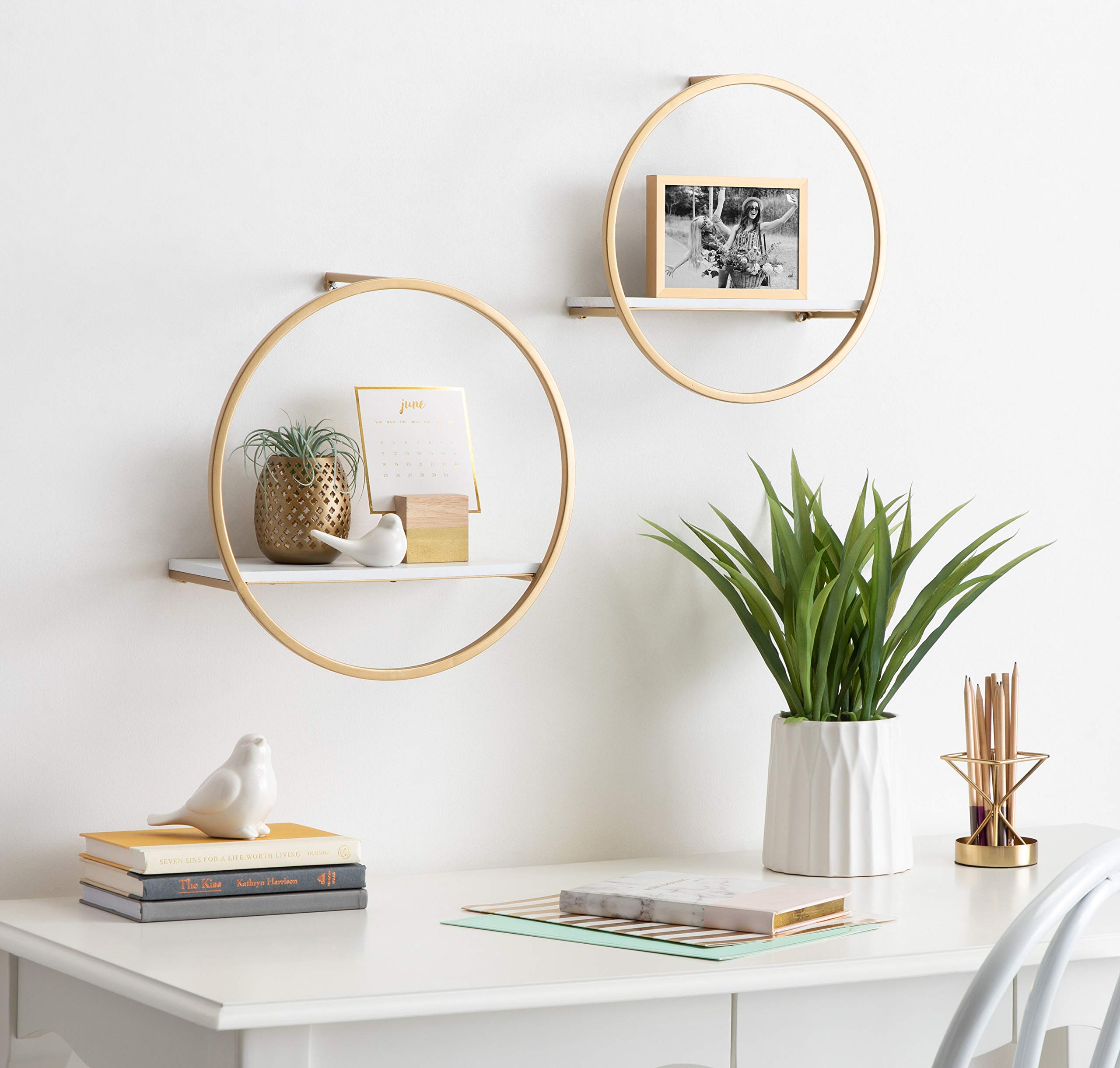 Kate and Laurel Wicks Modern Glam Floating Wall Shelves - Set of 2 Round Gold Metal Frame with White Painted Solid Wood Shelves | Perfect for Living Room, Bedroom Decor & Displaying Photos, Plants, Books