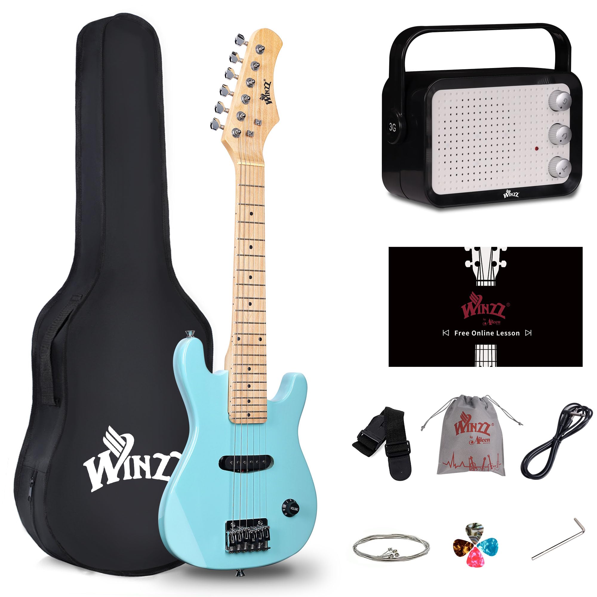 WINZZ 30 Inch Beginner Electric Guitar Kit for Teens - Portable Mini Electric Guitar with Amp, Case, Strings, Picks, Strap & Accessories - Light Green - Perfect for Home Practice, Music Lessons & Rock Band Performances