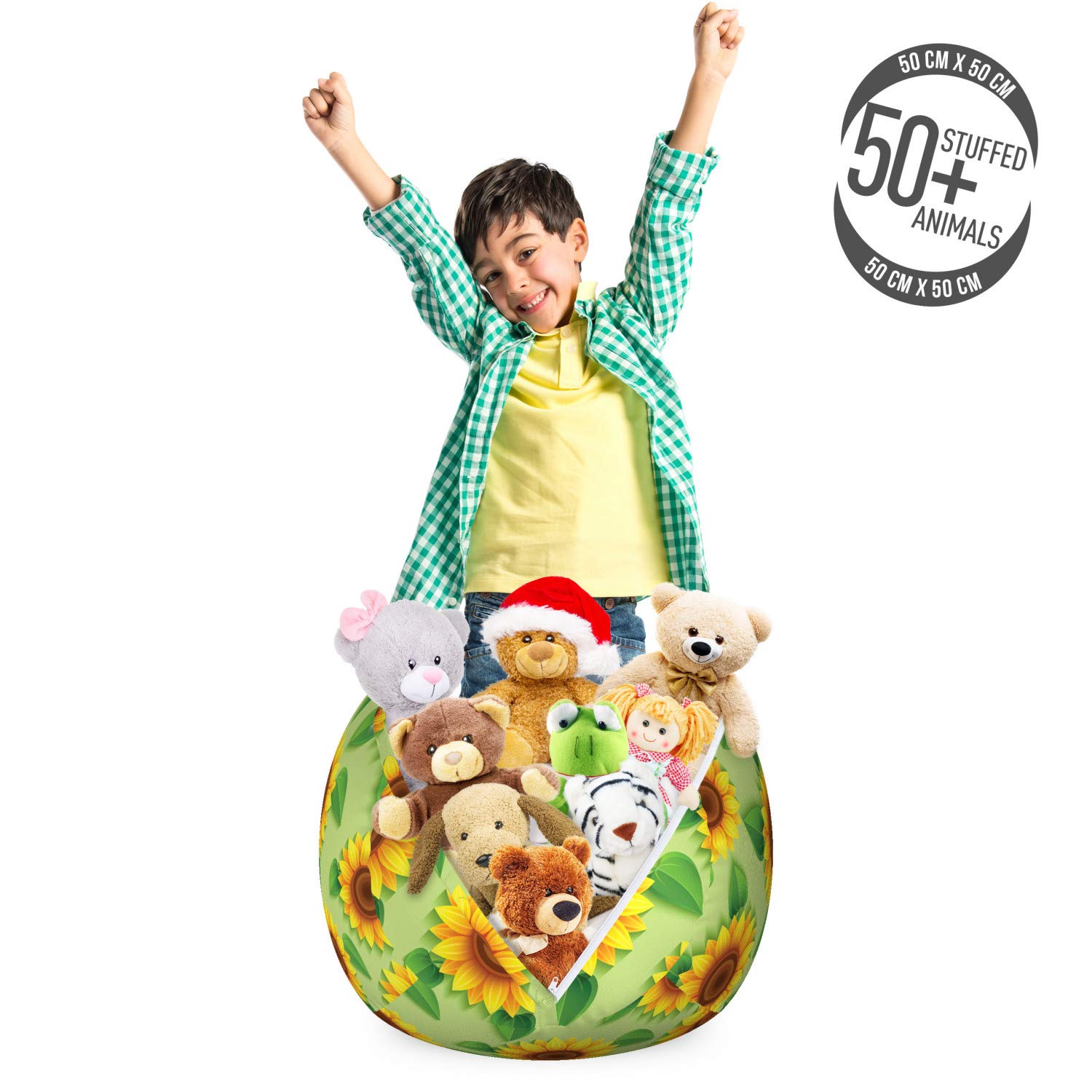 Ambesonne Floral Yellow Storage Toy Bag Chair | Sunflower with Leaves Summer Design | Washable Stuffed Animal Organizer | Small Size Pistachio Green & Redbrown | Kids Room Decor & Playroom Storage Solution